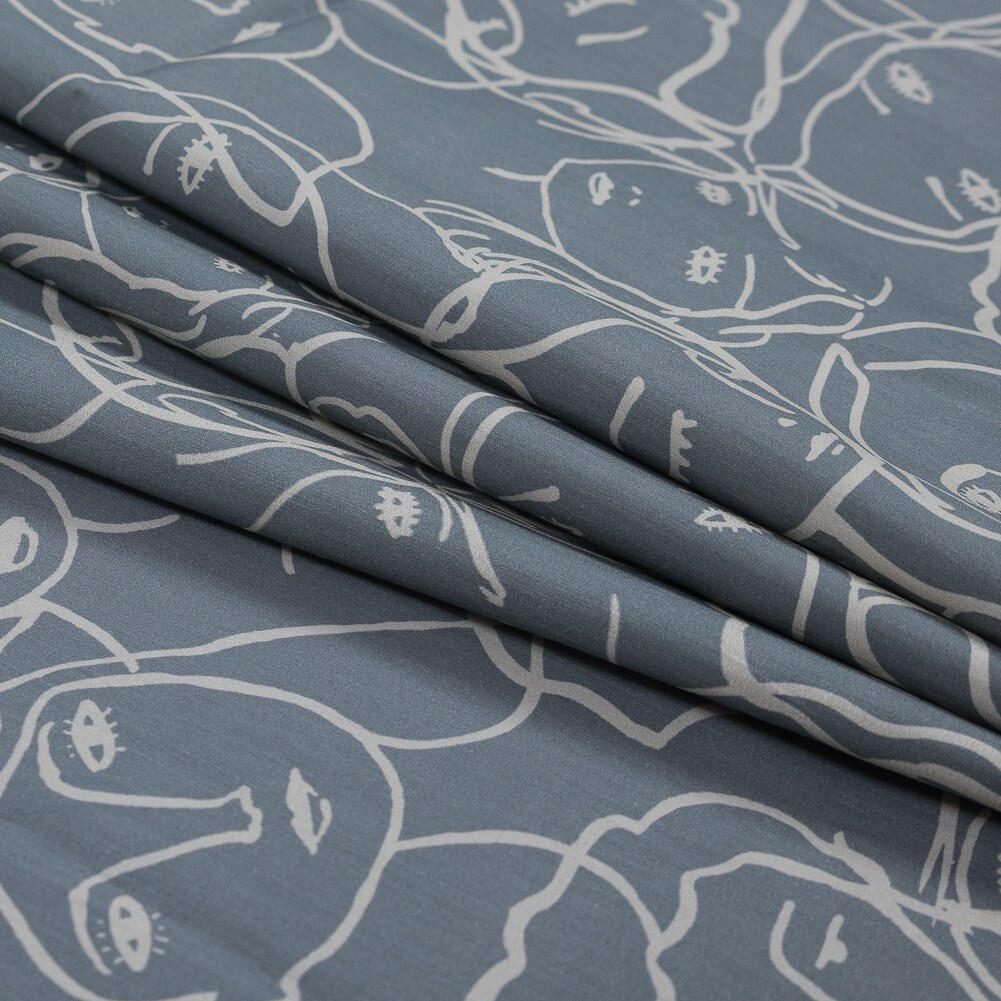 1 Yard Steel Gray Cotton Poplin Fabric with Linework Faces Print