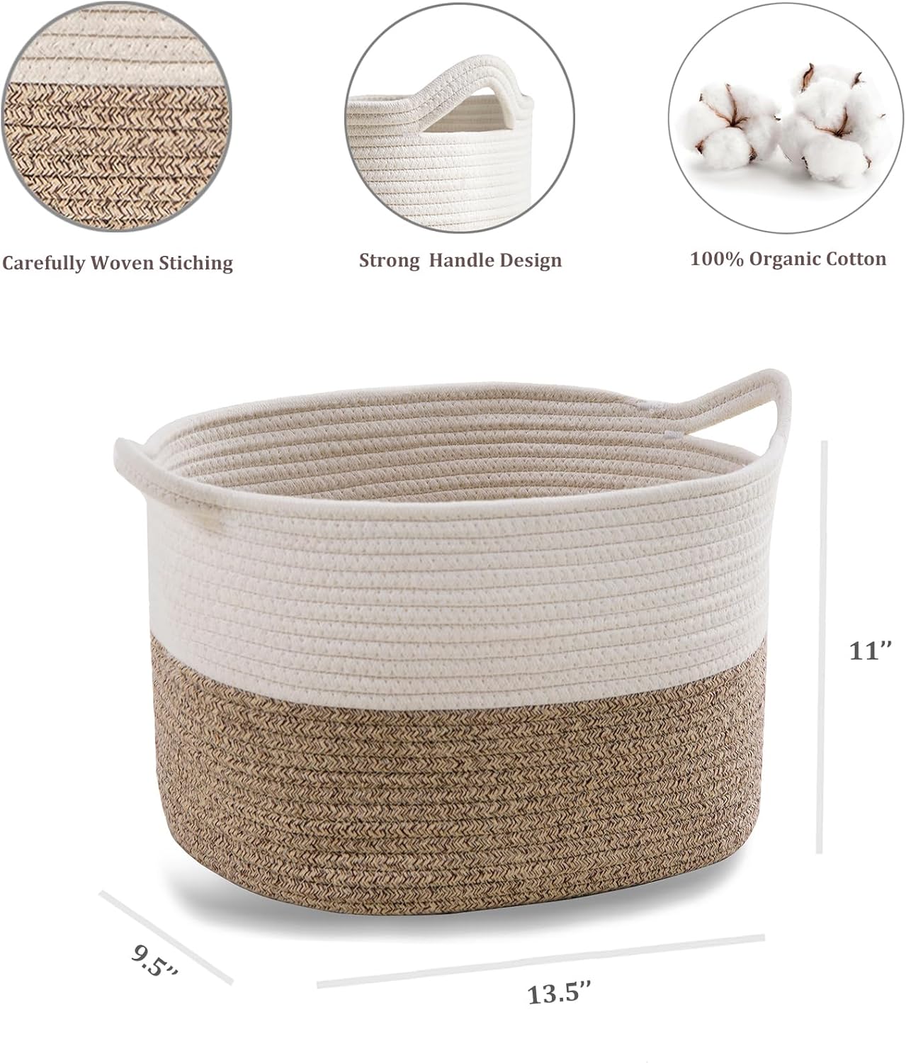 Square Cotton Rope Samll Baskets With Handles for Nursery, Toys, Household, Nursery, Handcrafted Woven Gift Baskets for Storage and Organization,13.5x11x9.5inch (white-champagne)