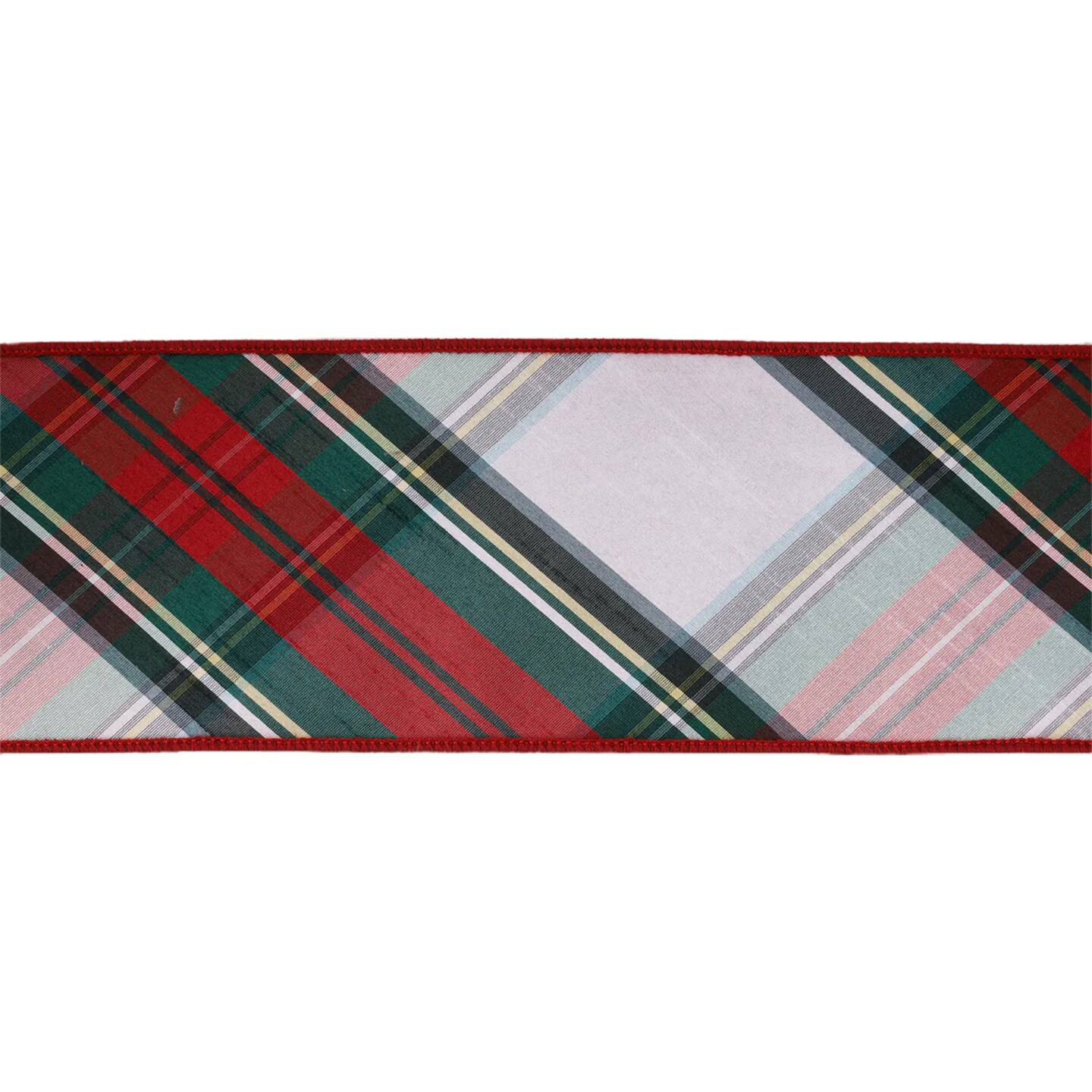 LaRibbons 4&#x22; - 2 1/2&#x22; Wired Dupioni Ribbon | Burgundy/Green/White Plaid Bias Cut | 5 Yard Roll