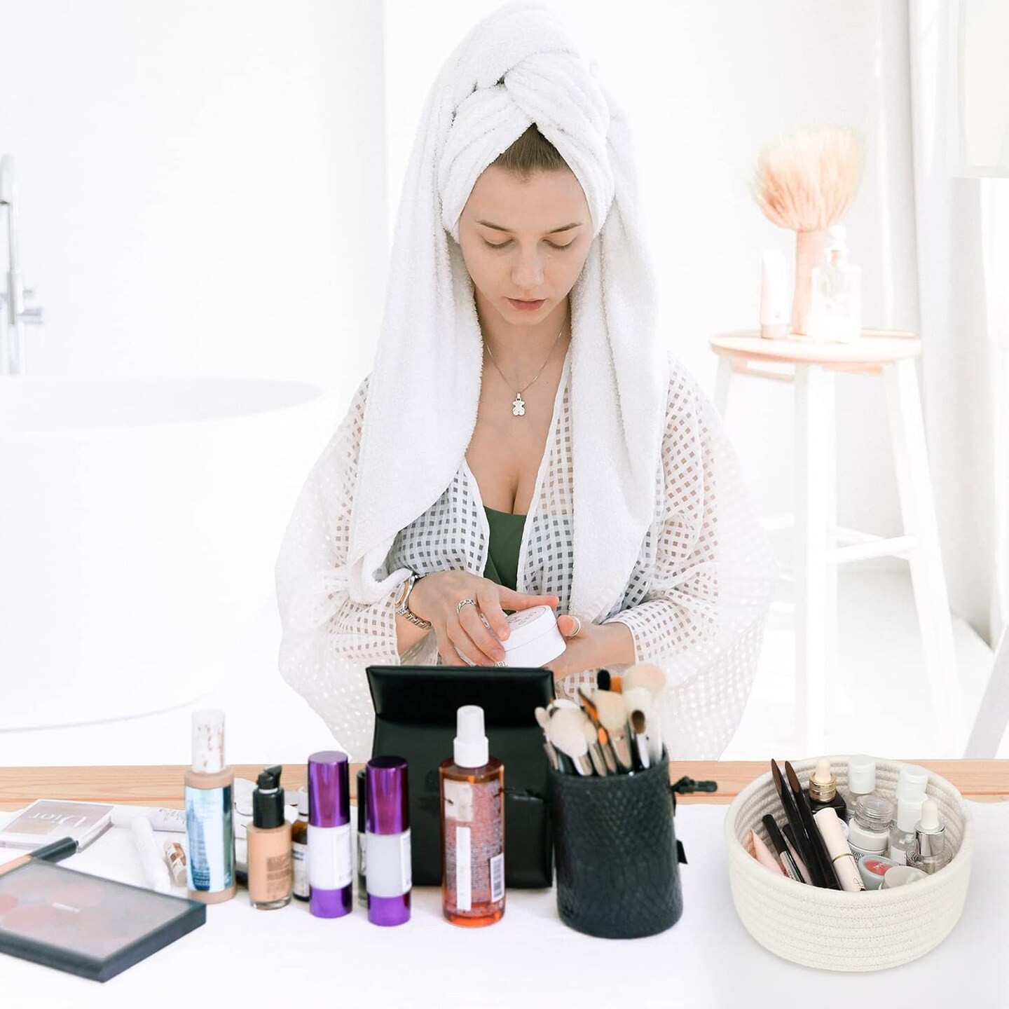 Small Woven Basket, Empty Tiny Shallow Storage Basket, Mini Cotton Rope Baskets, Round Decorative Hamper, Basket Storage Bins for Toys, Spa, Socks, Nursery, Living Room- White