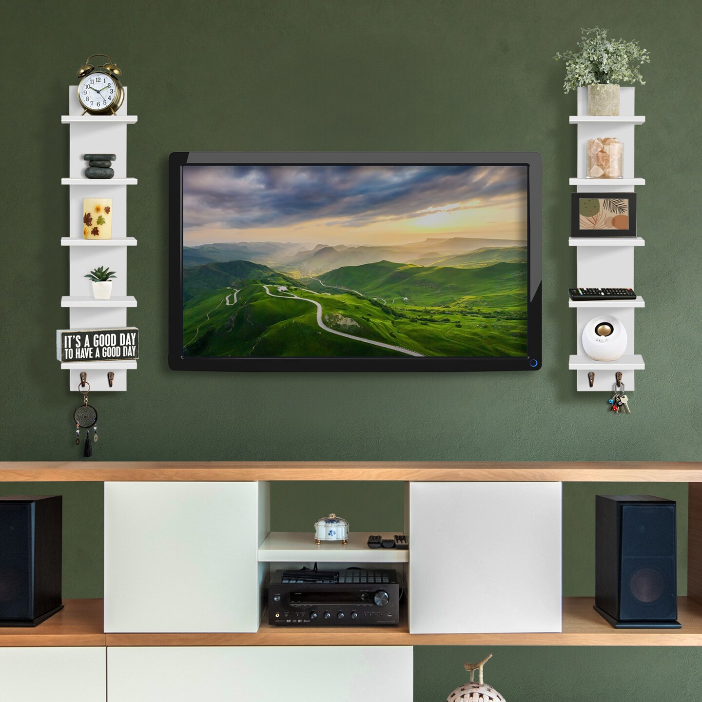 Sorbus 5 Tier Wall Shelf Unit with Hooks Set of 4, Wall-Mounted Column Utility Shelving for Home Decor and Storage Organizer