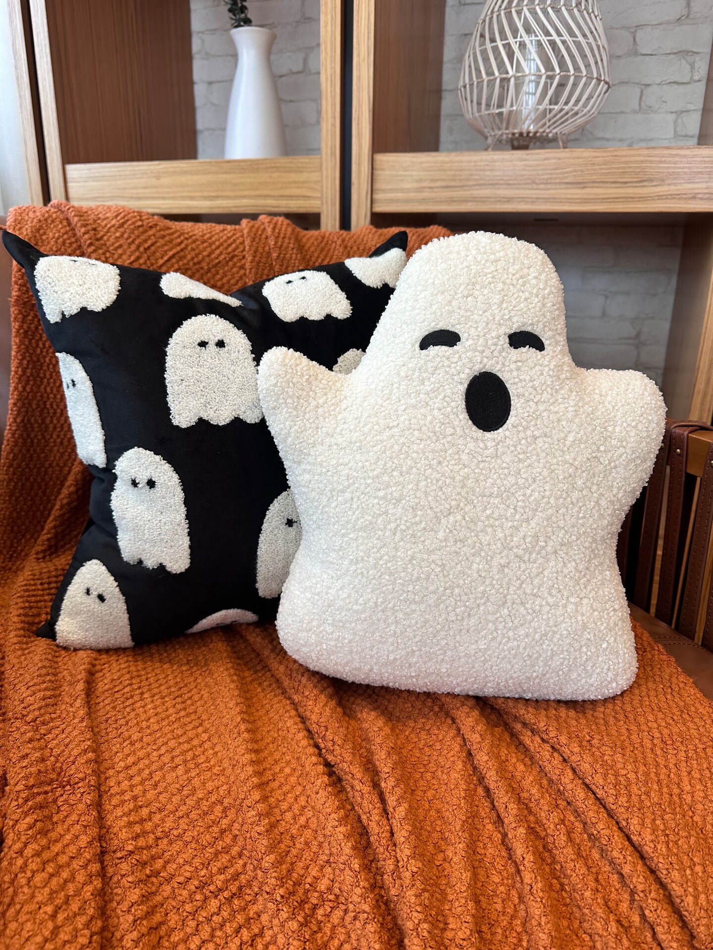 Black Velvet Ghost Pillow Cover – 18" Halloween Accent Cushion, Handmade with Hidden Zipper