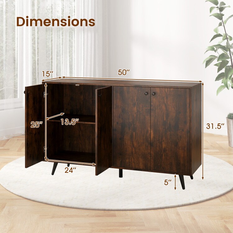 Rustic Brown-Black Engineered Wood 4-Door Buffet Sideboard with Shelves