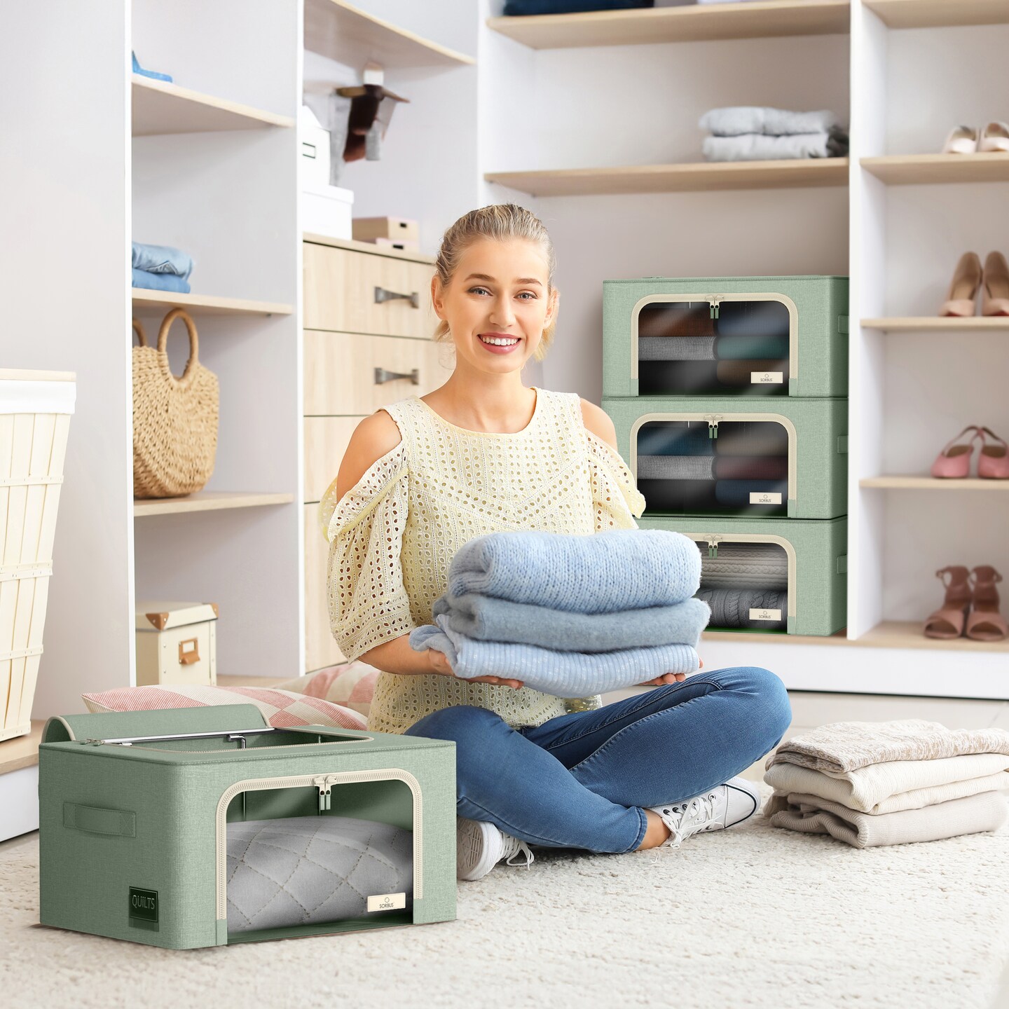 Sorbus 6 Pack Storage Bins with Metal Frame with Large Clear Window & Carry Handles - Stackable & Foldable Clothes Organizer Bags