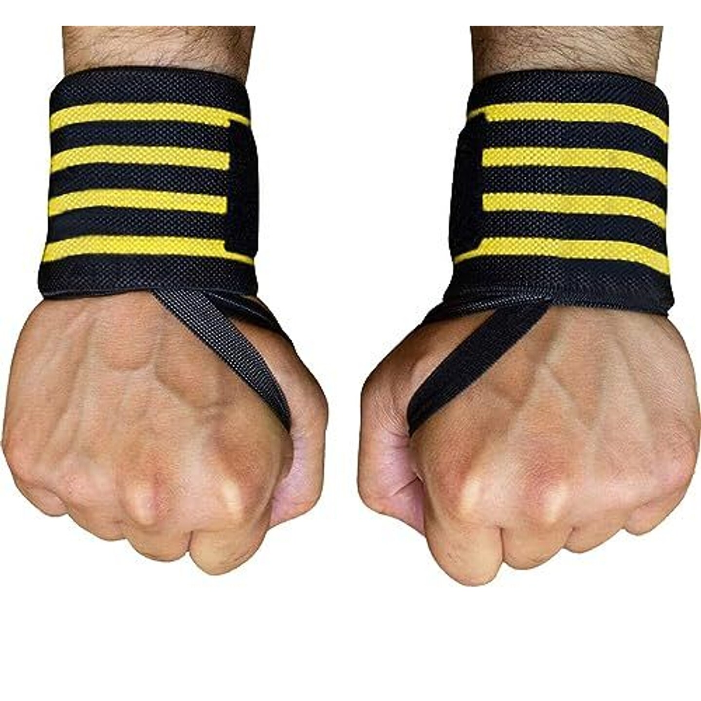 WOD Nation Wrist Wraps for Weightlifting, 18 Inch Professional Gym Wrist Straps w/Thumb Loop, Wrist Support Wraps for Men & Women for Strength Training, Powerlifting & Bodybuilding (Black/Yellow)