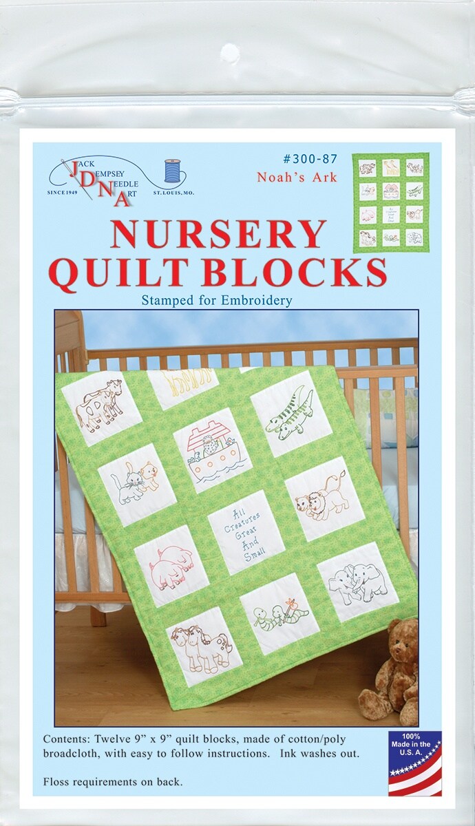 Jack Dempsey Stamped White Nursery Quilt Blocks 9"X9" 12/Pkg-Noah's Ark
