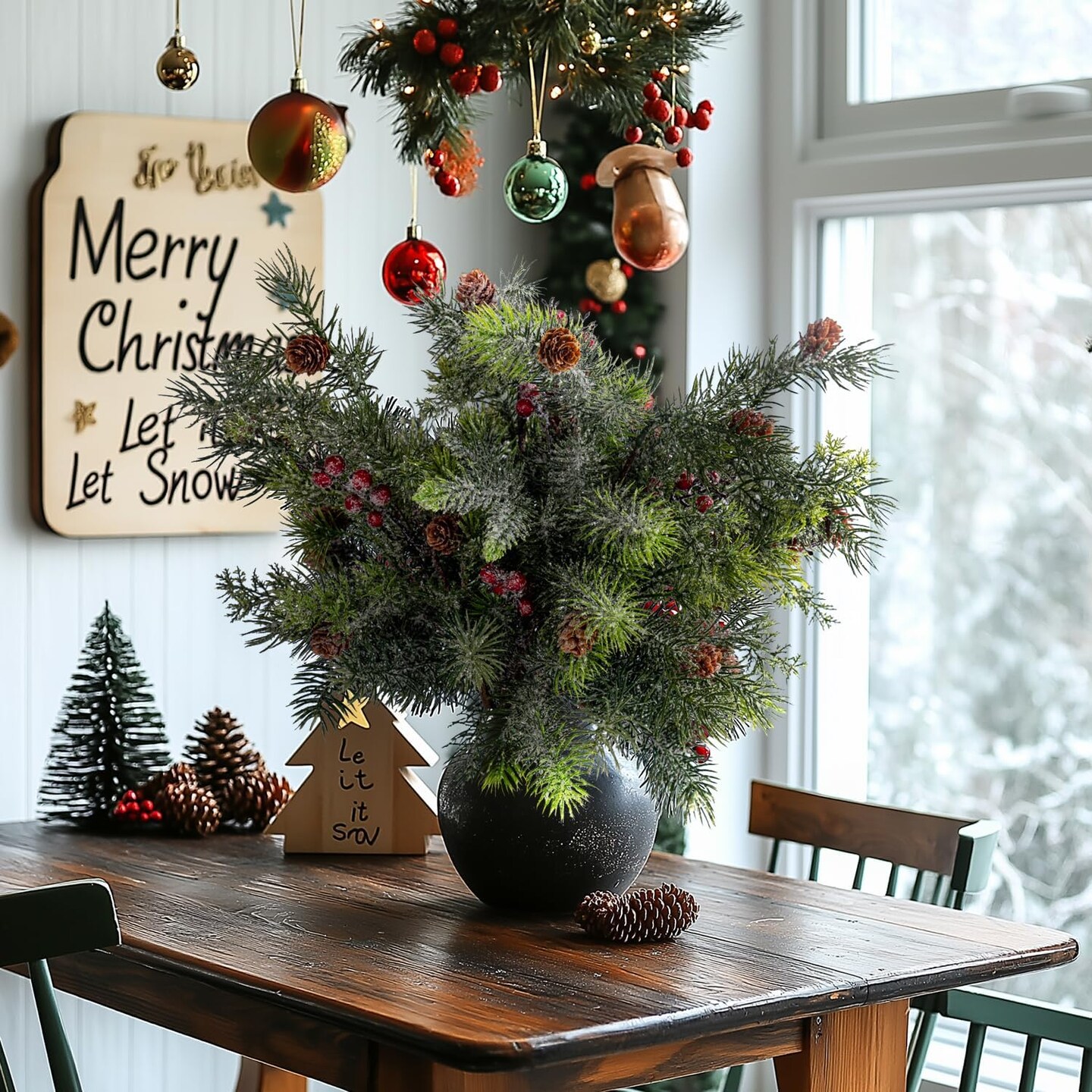 Red Berry Snowy Pine Cones Fake Greenery Stems Picks(Type-4)