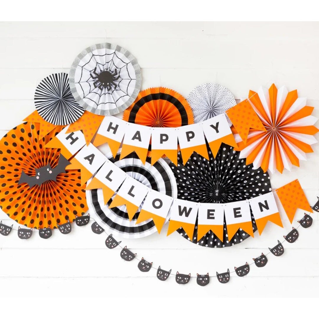 Orange &#x26; Black Happy Halloween Banner &#x2013; 18 Pieces, 10ft Twine for Party
