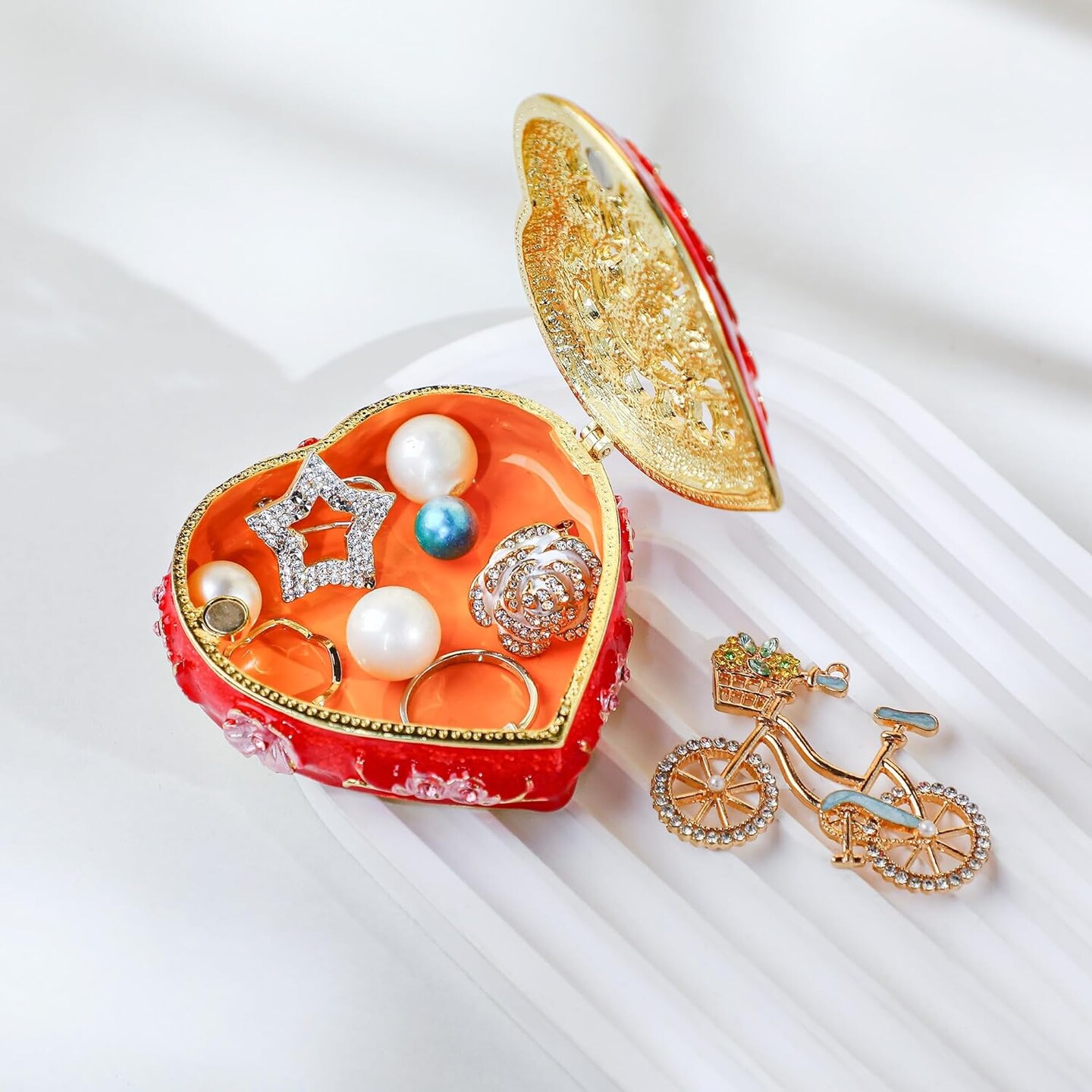 Vintage Heart Trinket Box Small Hinged Trinket Boxes Red Jewelry Trinket Box Jeweled Ring Box Gift for Girl Women
