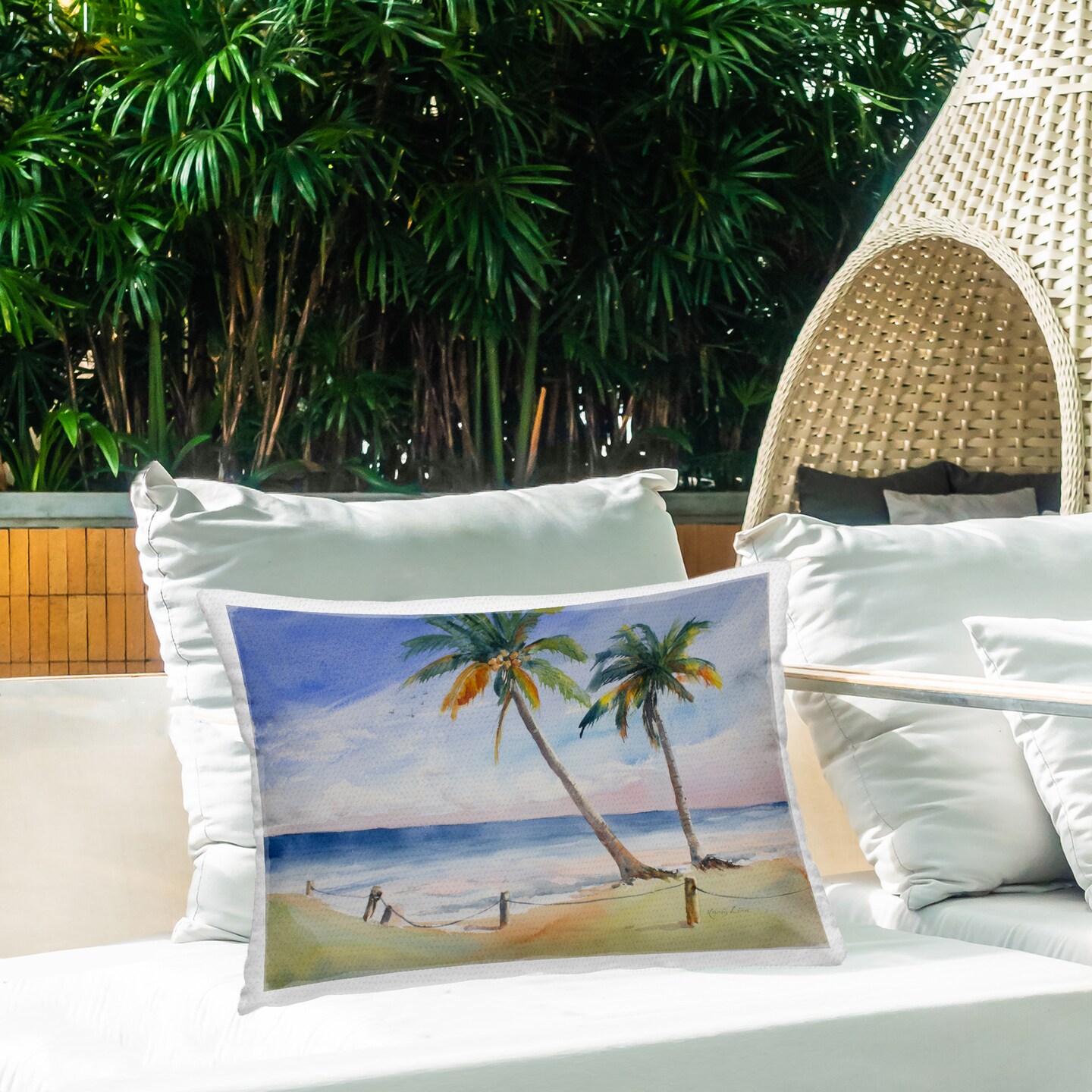 Two Palms Tropics View Outdoor Printed Pillow Design by Karin Lind, 14 x 7 x 20