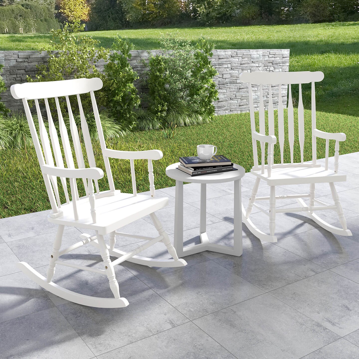 Costway Set of 2 Wood Rocking Chair Glossy Finish White\ Coffe