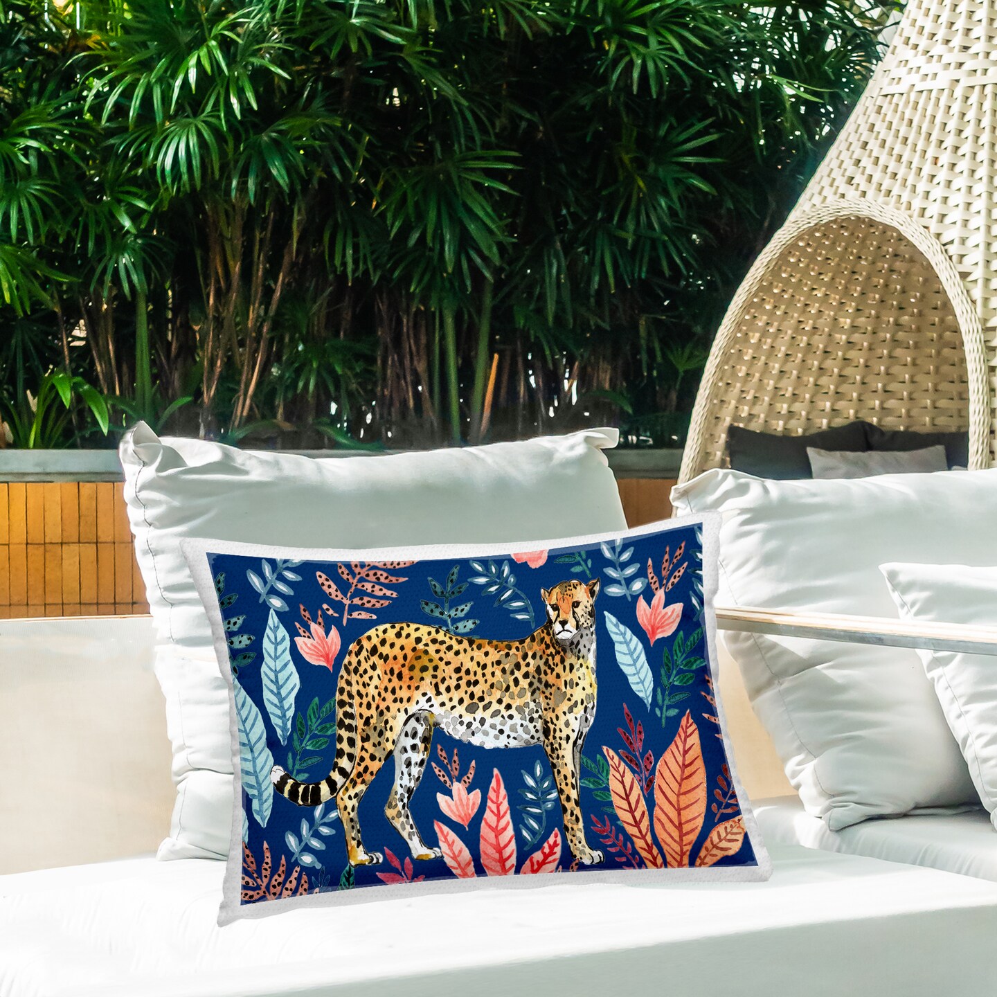 Jungle Plants & Cheetah Outdoor Printed Pillow Design by Elena Vladykina, 14 x 7 x 20