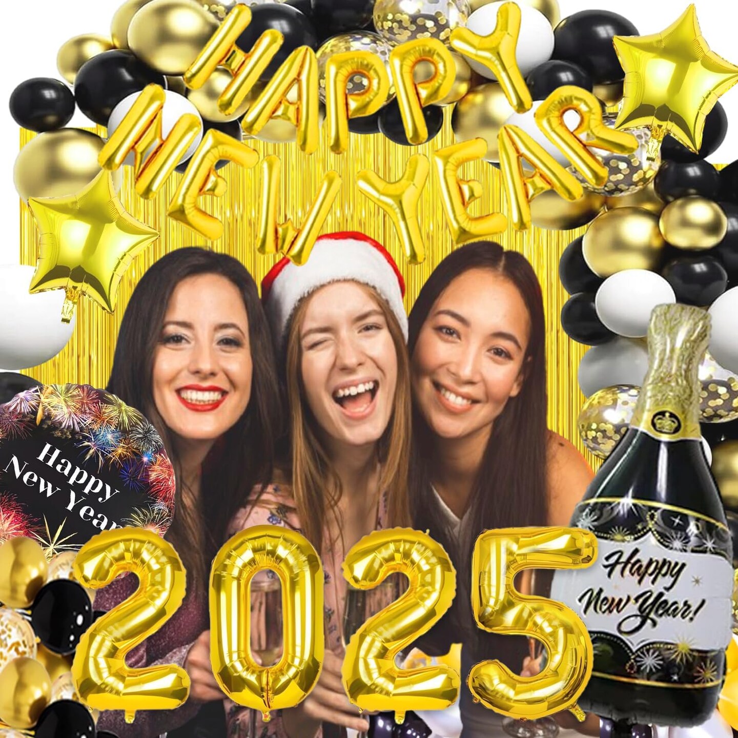 New Years Eve Party Supplies 2025 Happy New Year Decorations 2025 Balloons Party Set, 2025 New Years Decorations with Happy New Year Foil Banner, Latex Balloons, Curtains Backdrop for NYE Decorations