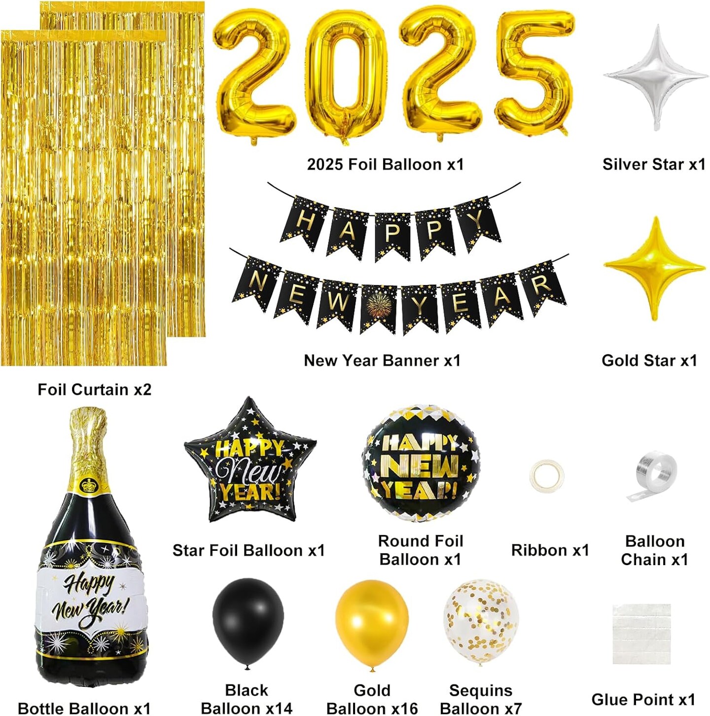 New Years Eve Party Supplies 2025, Happy New Years Decorations Kit, New Years Decorations 2025 Balloons Party Supplies with 2025 Foil Balloons Banner, Latex Balloons, Backdrop for NYE Decorations