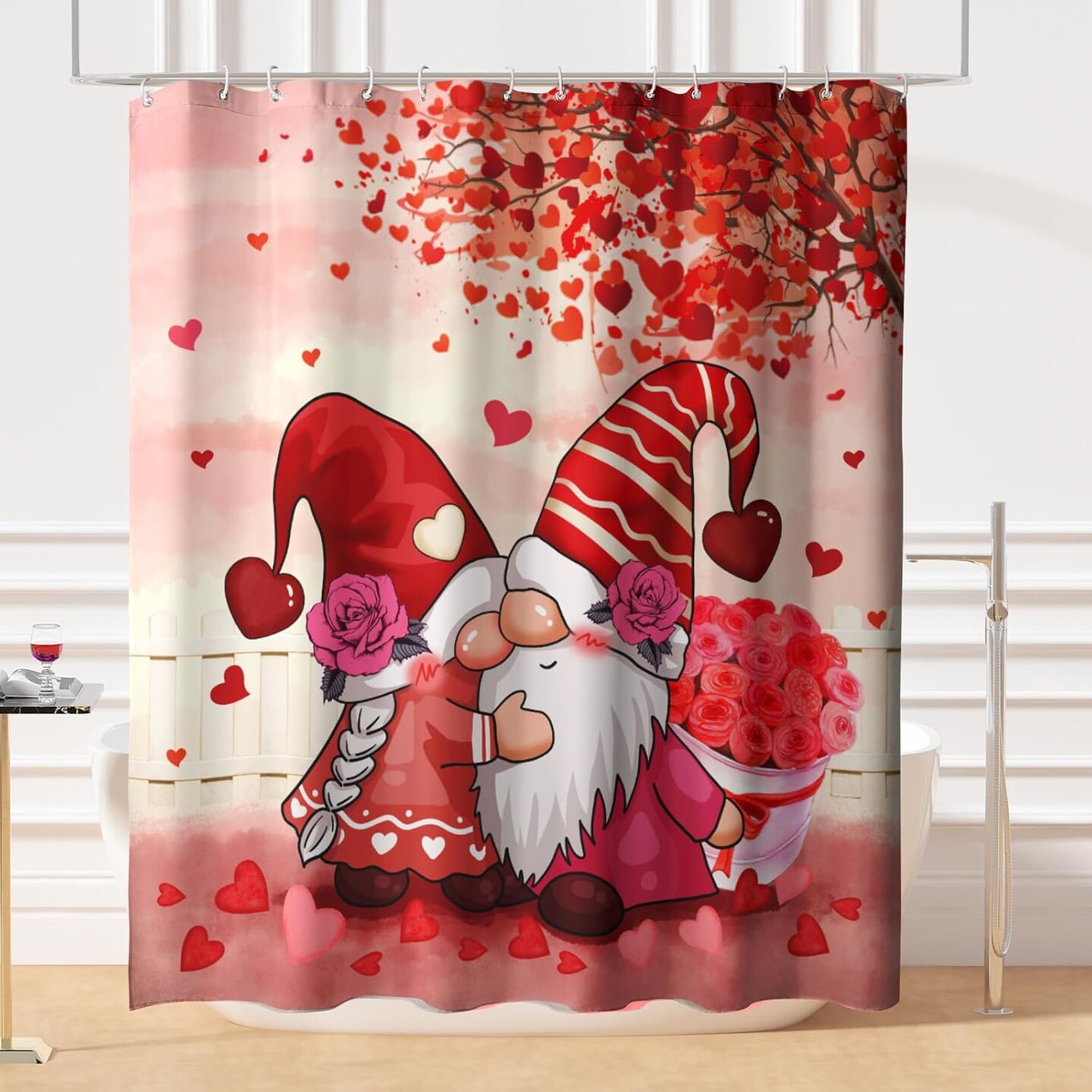 Valentines Day Gnomes Shower Curtains Love Heart Shower Curtain for Bathroom Pink Red Valentines Farmhouse Bathroom Curtain Home Decor Polyester 72x72 in with Hooks