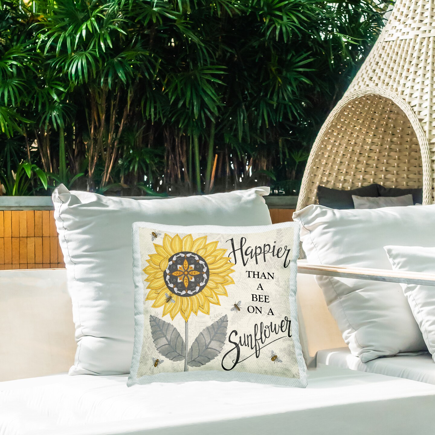 Happier Than Bee &#x26; Sunflower Outdoor Printed Pillow Design by Deb Strain, 18 x 7 x 18