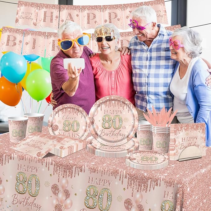 80th Birthday Decorations for Women,142pcs Rose Gold 80th Birthday Decorations Tableware Set 80th Birthday Plates and Napkins Cups Tablecloth for Cheer To 80 Years Decor