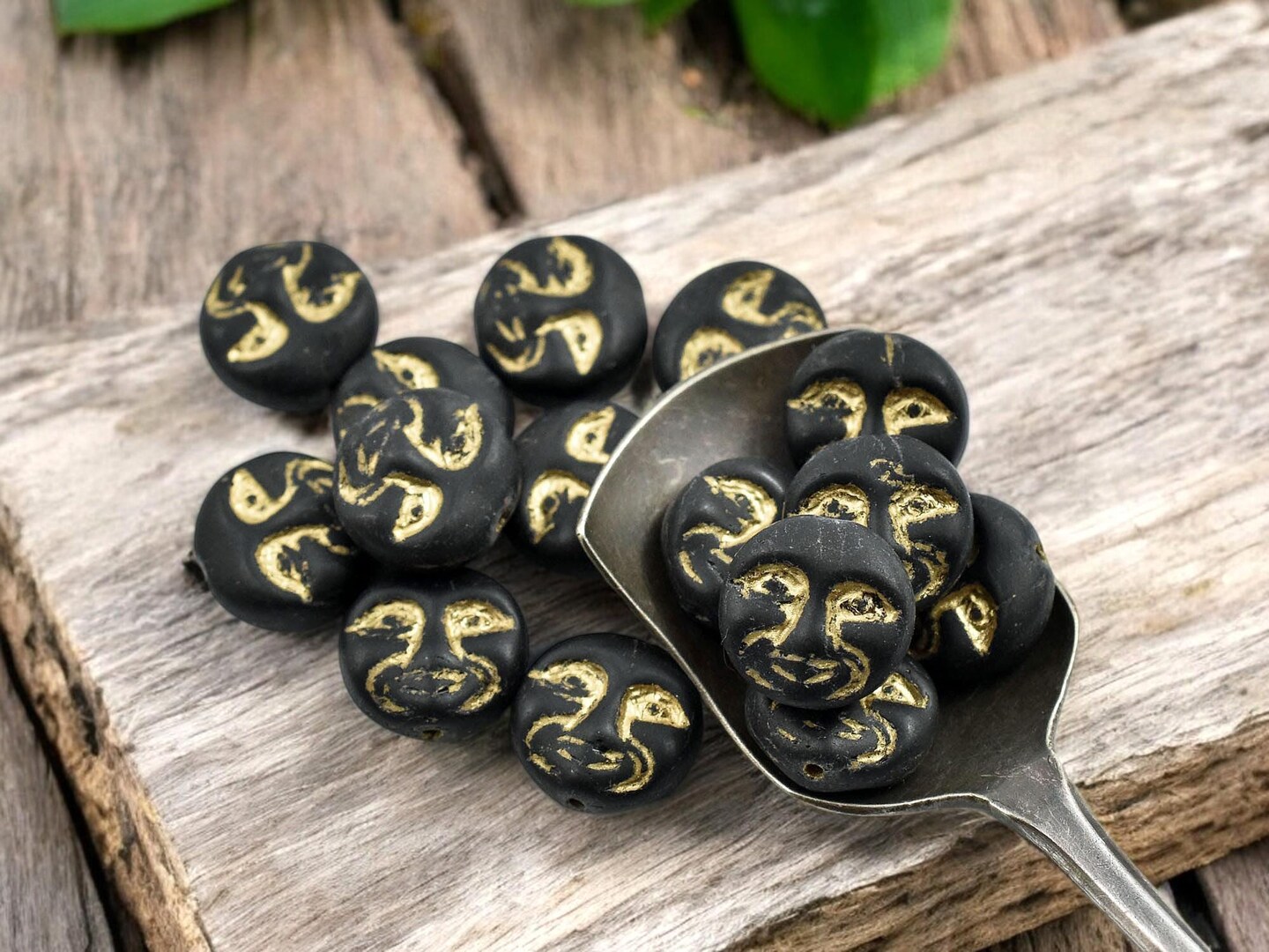 *15* 13mm Gold Washed Matte Jet Black Moon Face Coin Beads