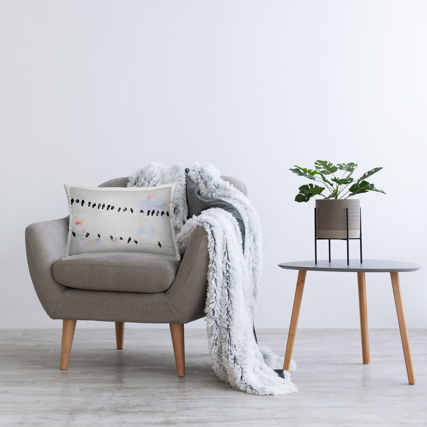 Migrating Birds on Wire Decorative Printed Throw Pillow Design by Deborah Revell, 14 x 7 x 20
