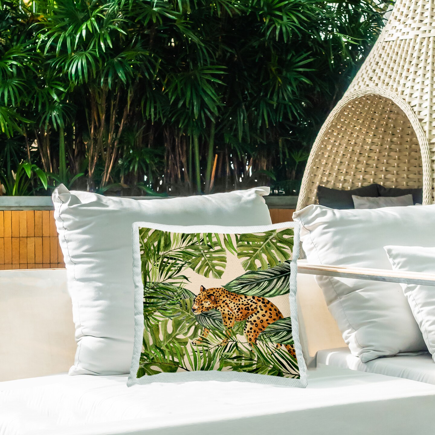 Botanical Leopard on Branch Outdoor Printed Pillow Design by Janet Tava, 18 x 7 x 18