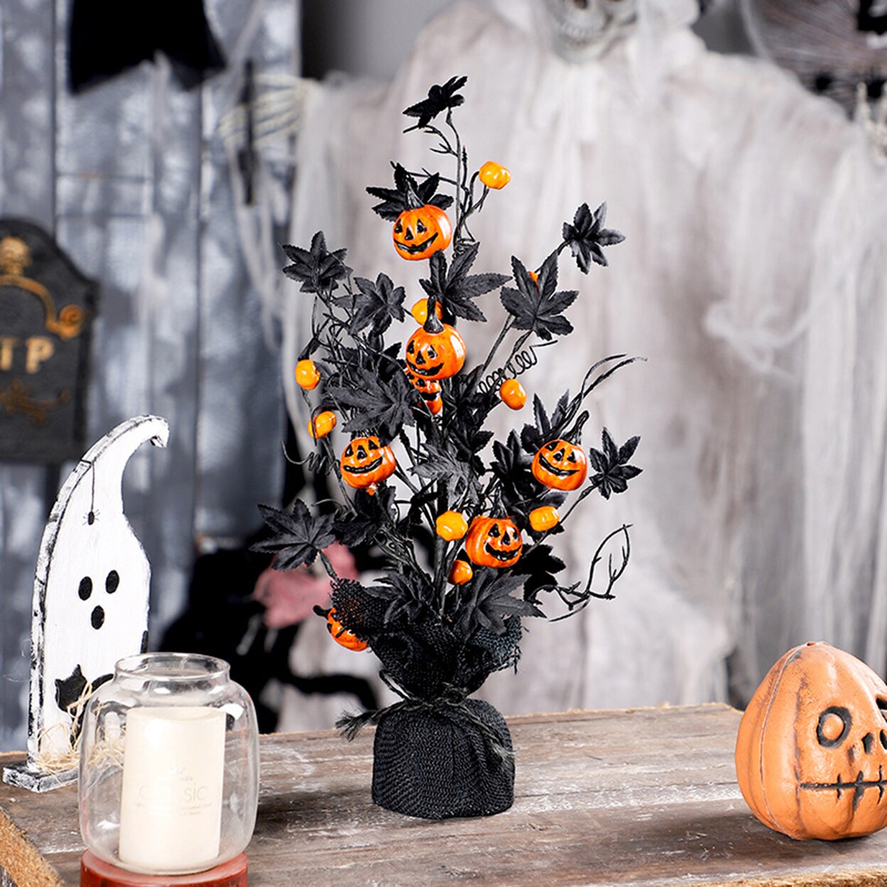 Halloween Decoration Artificial Pumpkin Maple Leaf Tree Tabletop Centerpiece Home Ornament For Holiday Party Decor