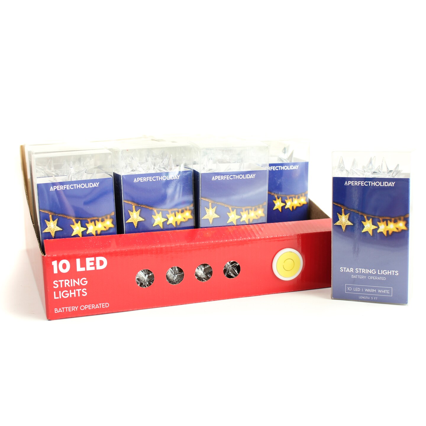 Perfect Holiday 10 LED STAR STRING LIGHTS REFLECTOR, INDOOR, 30CM LEAD WIRE, 15CM BULB SPACING, WARM WHITE