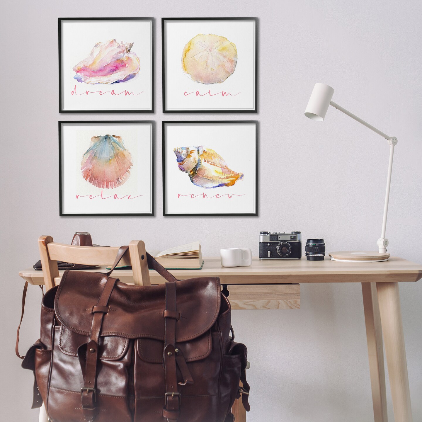 Stupell Industries Watercolor Seashells with Phrases 4 pc Framed Giclee Wall Art Set Design by John Keeling