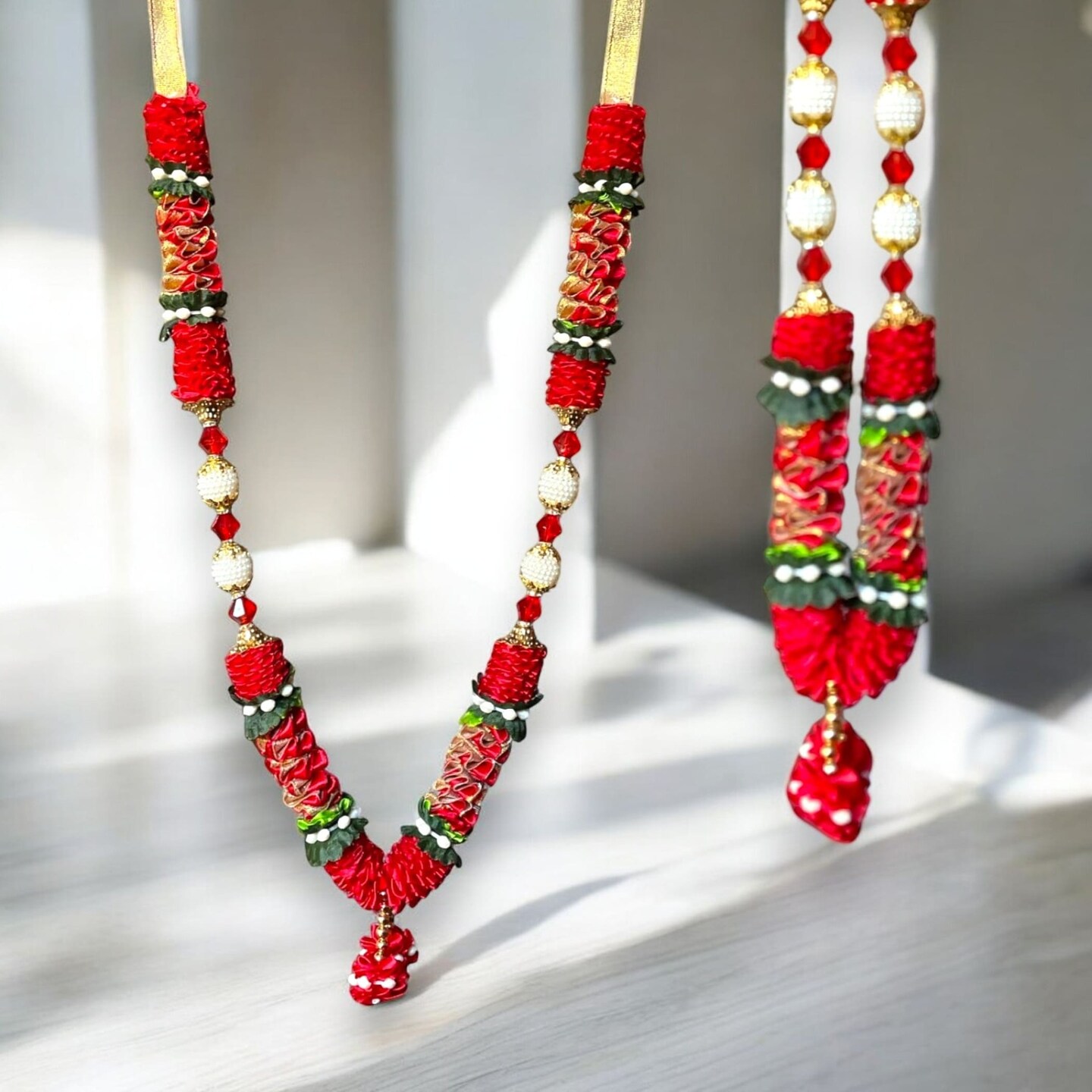 1 ct. Indian Garland Haar Mala 16 Inch God Goddess Haar Mala Idol Pooja Item Garland for Photo Frame Idol God Shringar Mala Reusable Satin Mala Temple Decor