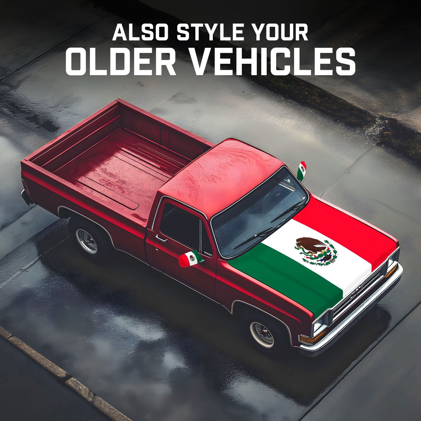 G128 Combo Pack: Mexico Mexican Car Hood Cover 3.94x5.25 Ft & 2PK Mexico Mexican Car Side View Mirror Cover 5.9x8.66 In | Both Washable Elastic Weatherproof Polyester | Show Your Enthusiasm and Pride