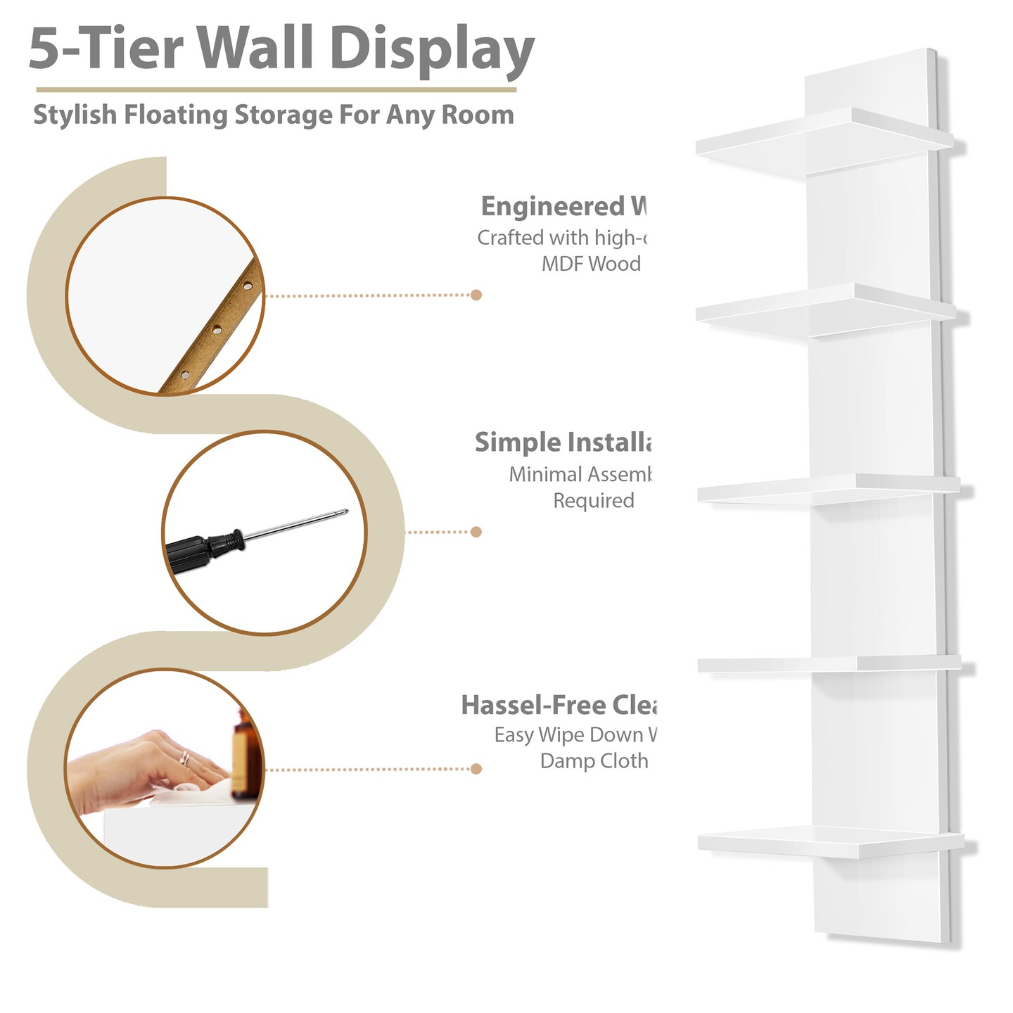 Sorbus 5 Tier Wall Shelf Unit, Vertical Column Utility Shelving for Home Decor and Storage Organizer, Wall-Mounted Floating Shelves