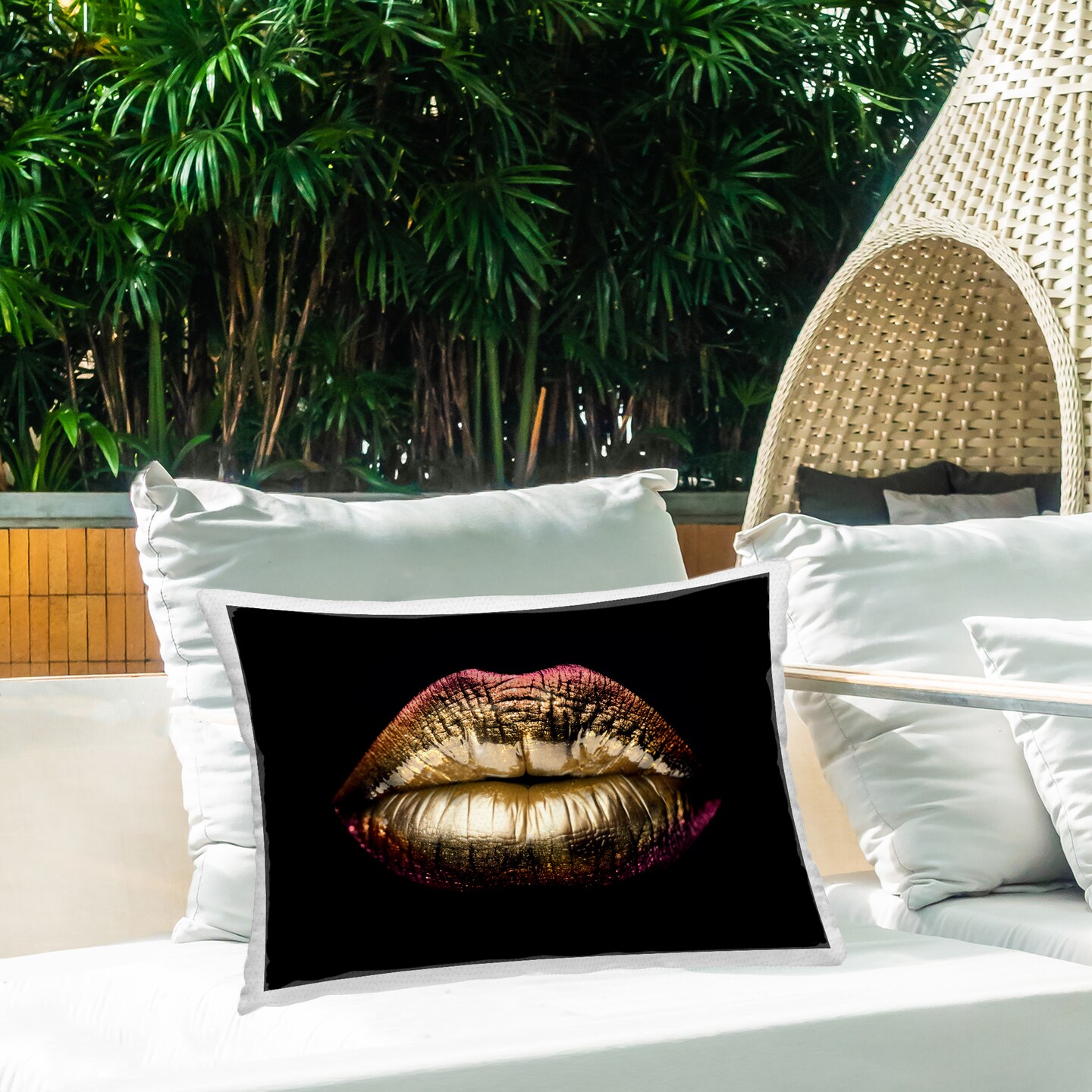Pink & Gold Lipstick Outdoor Printed Pillow Design by Reinders, 14 x 7 x 20