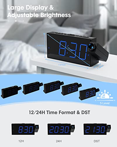 Large LED Display, 180° Rotatable Projector, 5-Level Dimmer,USB Charger,Battery Backup,Loud Dual Alarms for Kids Elderly,Heavy Sleepers,Snooze,12/24H,DST