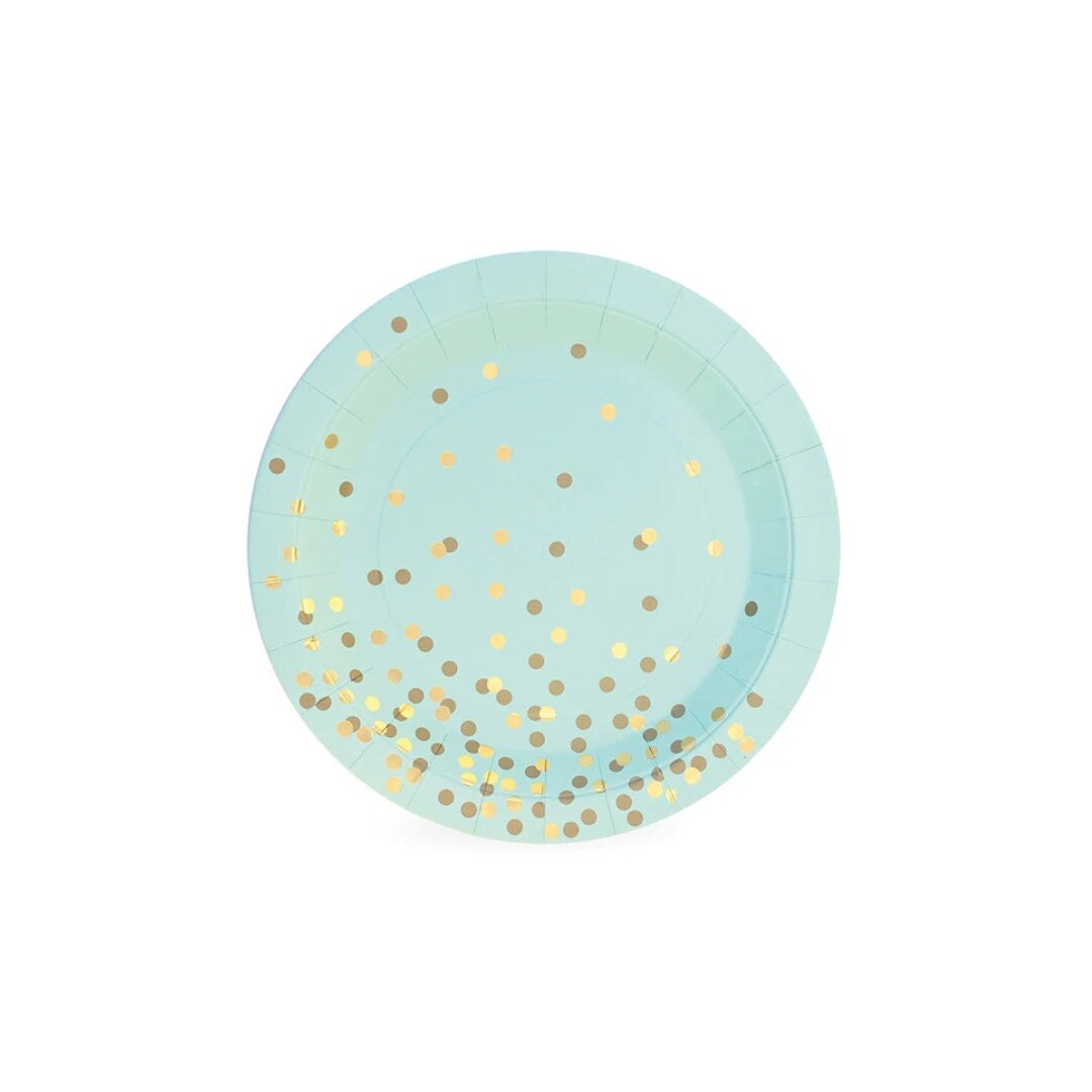 Paper Eskimo Mint Green & Gold Confetti Dessert Plates – 7" Durable Party Plates for Weddings, Birthdays & Celebrations – 12 Pack
