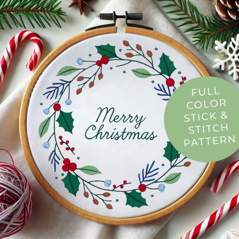 Stick and Stitch Merry Christmas Wreath Full Color Hand Embroidery Pattern  -- 6\, image size:1080x1080