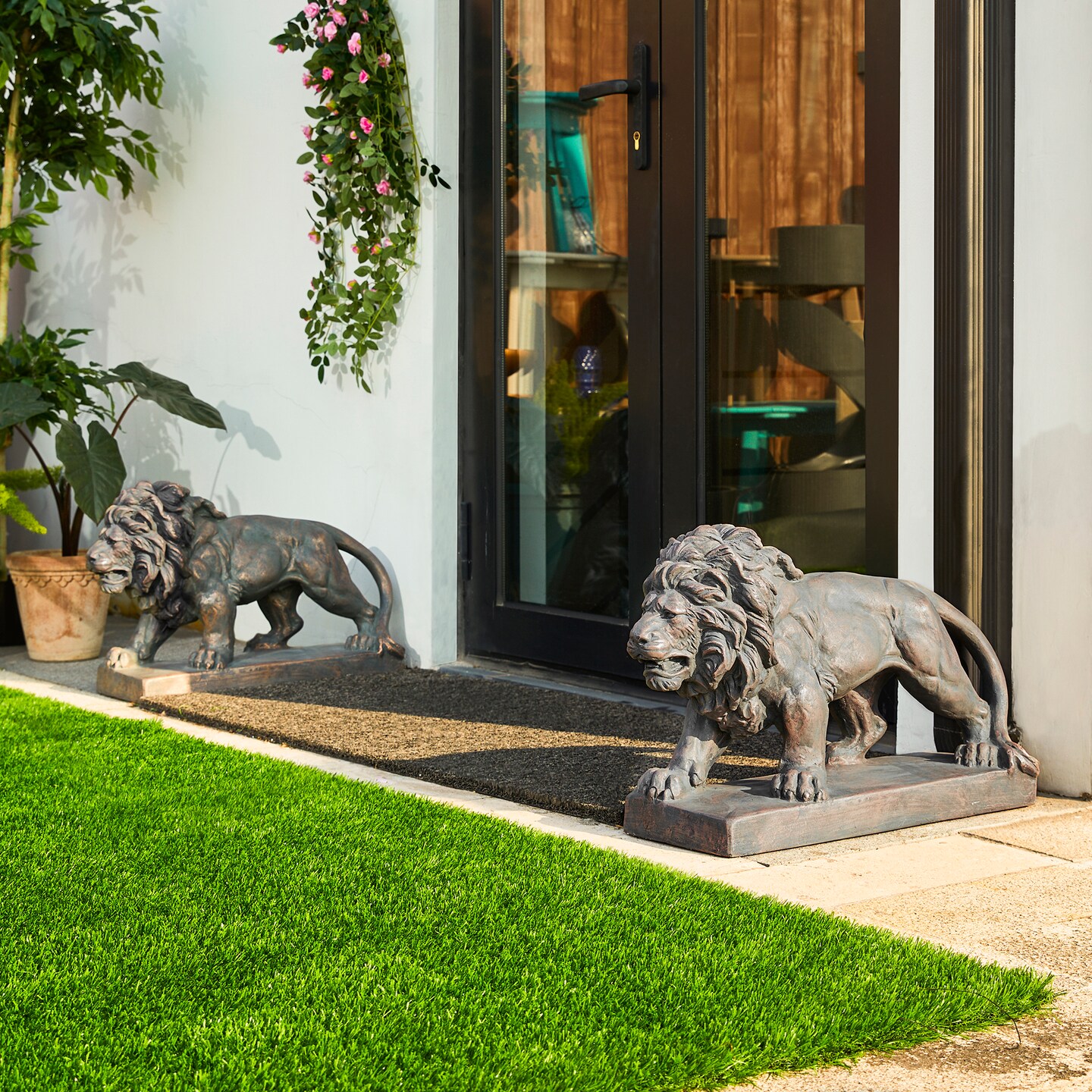 Set of 2 24.5&#x22;L MGO Bronze/Black Walking Lion Garden Statue