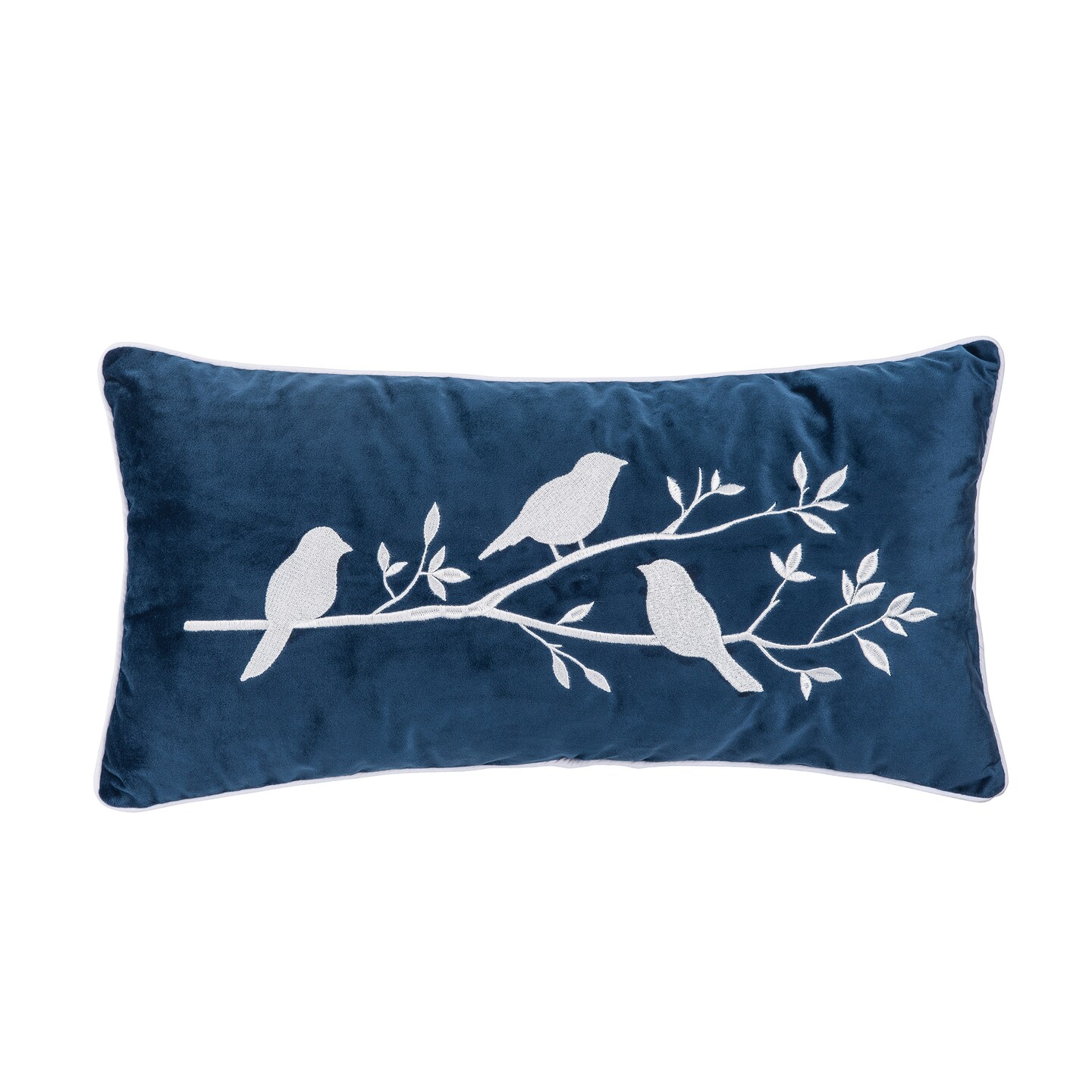 Birds On Branch Navy Blue Velvet Lumbar Accent Pillow 12" x 24"