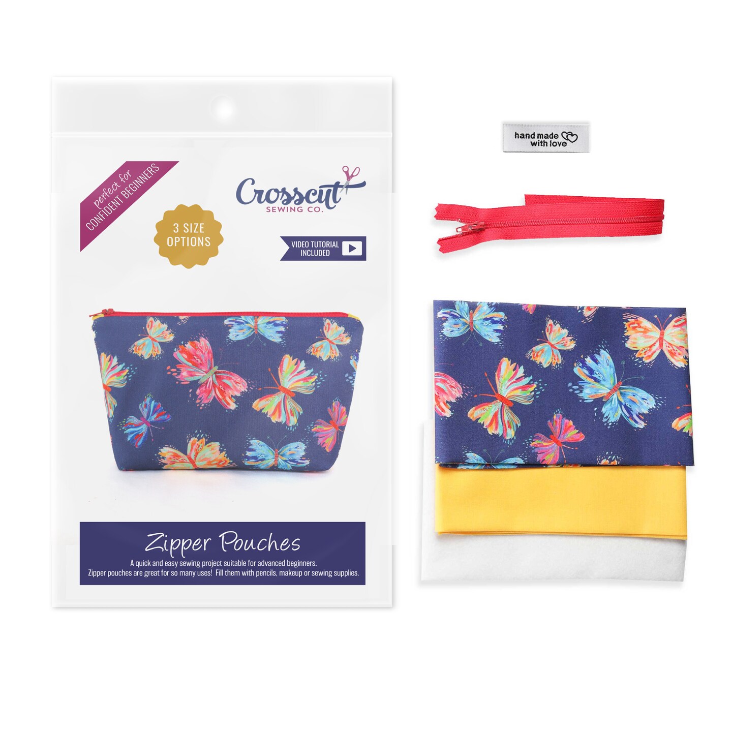 Crosscut Sewing Co.® Zipper Pouch Sewing Project Kit for Beginners with Fabric, Instructions and Video