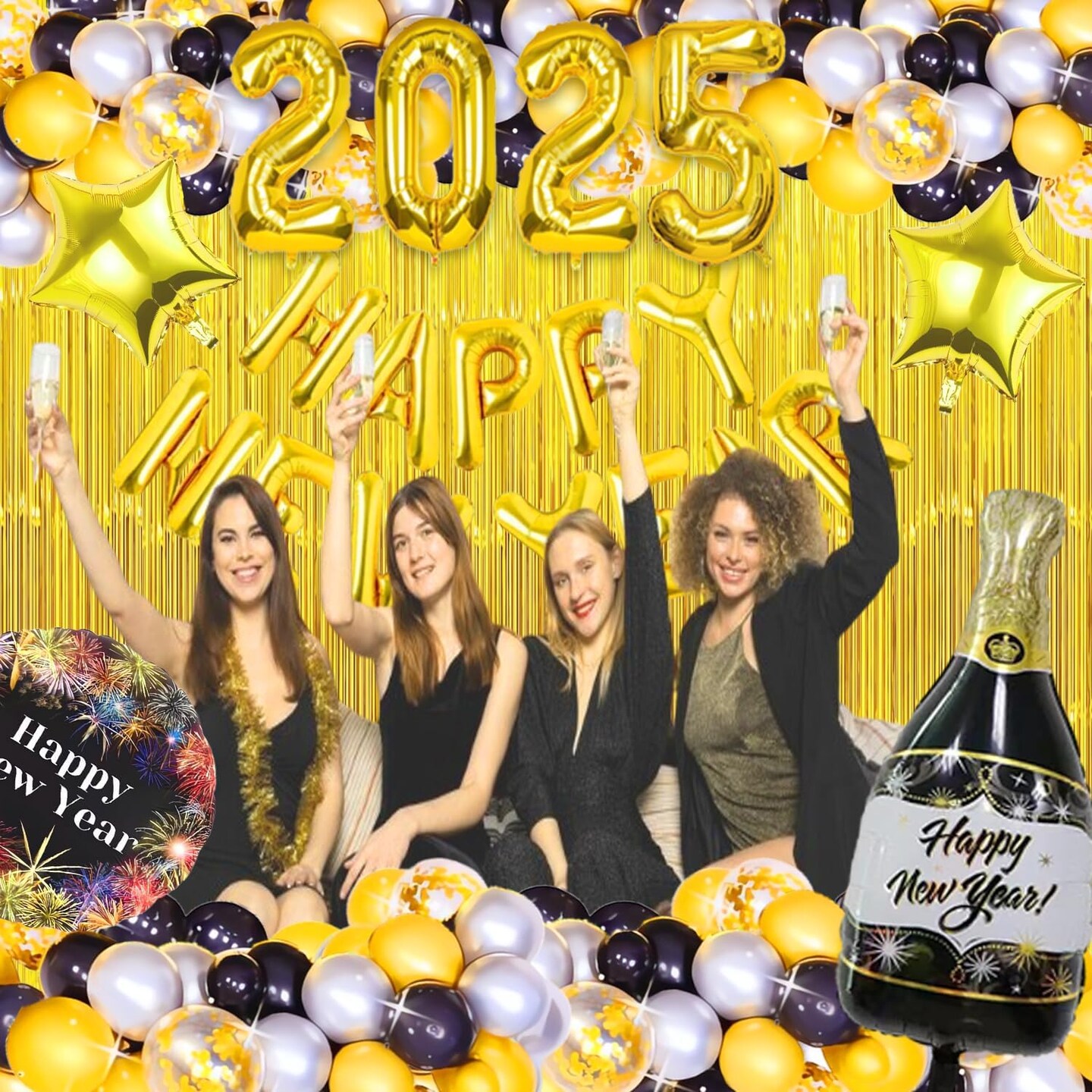 New Years Eve Party Supplies 2025 Happy New Year Decorations 2025 Balloons Party Set, 2025 New Years Decorations with Happy New Year Foil Banner, Latex Balloons, Curtains Backdrop for NYE Decorations