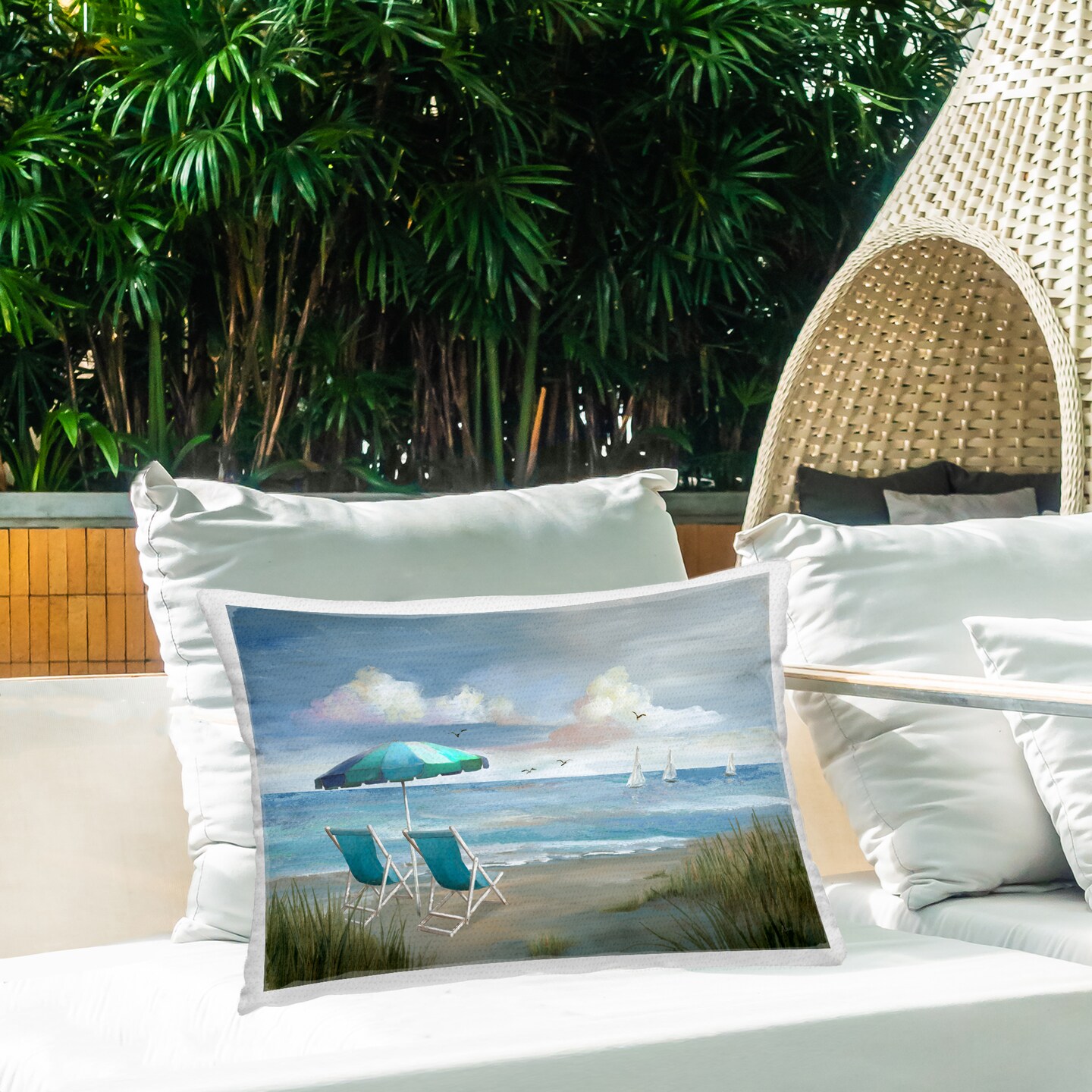 Seagulls over Calm Beach Outdoor Printed Pillow Design by Nan, 14 x 7 x 20