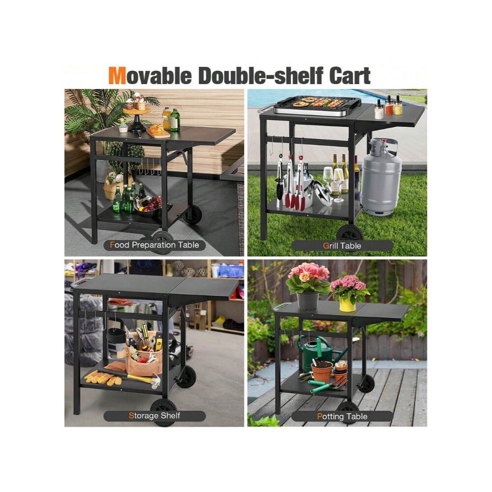 Black Movable Outdoor Grill Cart with Folding Tabletop and Hooks