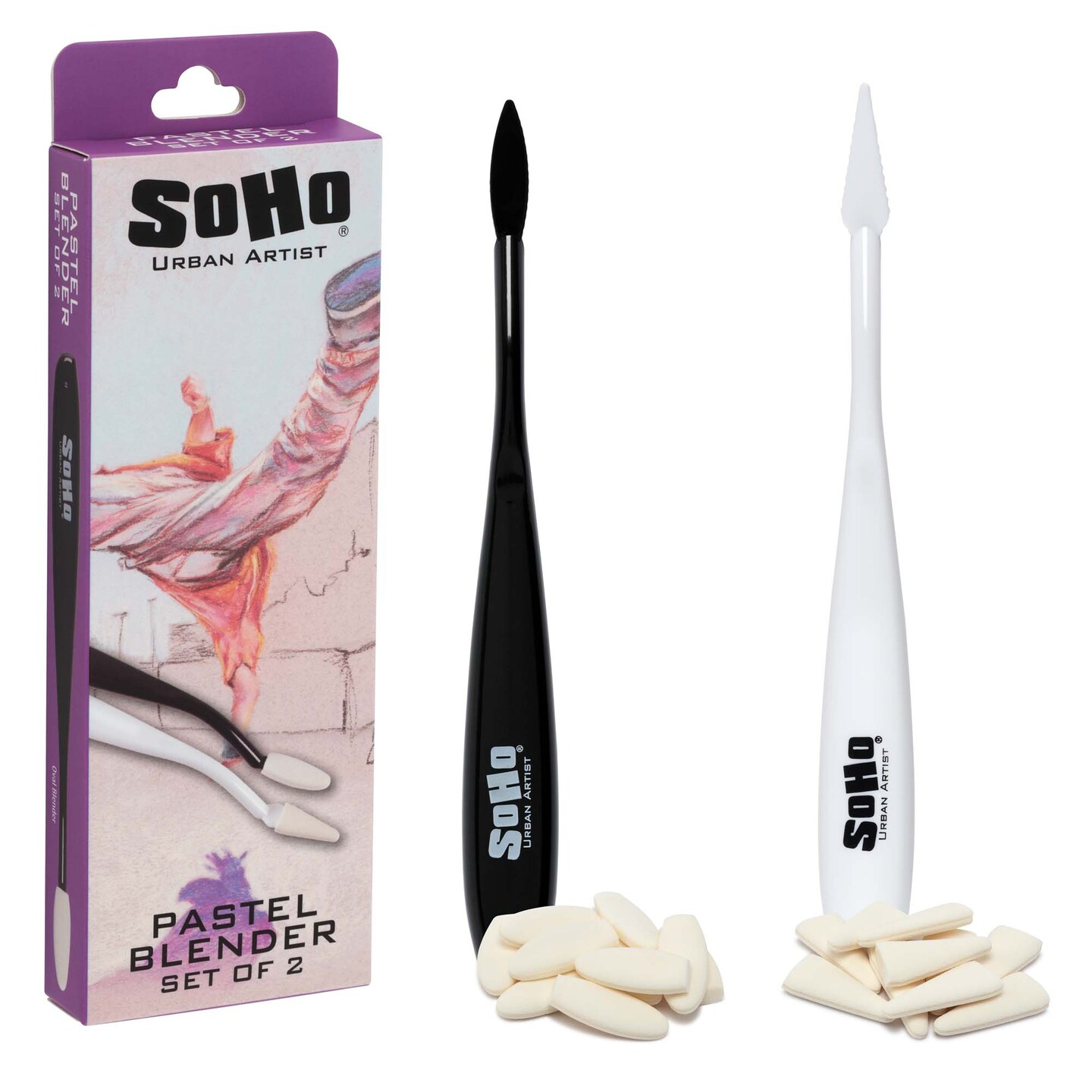 SoHo Urban Artist Pastel Blender Knife - Set of 2 - 1 Pack - Soft Pastel Blending Tools w/ 20 Mixed Foam Covers - Oval &#x26; Pointed Applicator - Plastic Palette Knife Set for Blending Soft Pastels &#x26; Charcoal