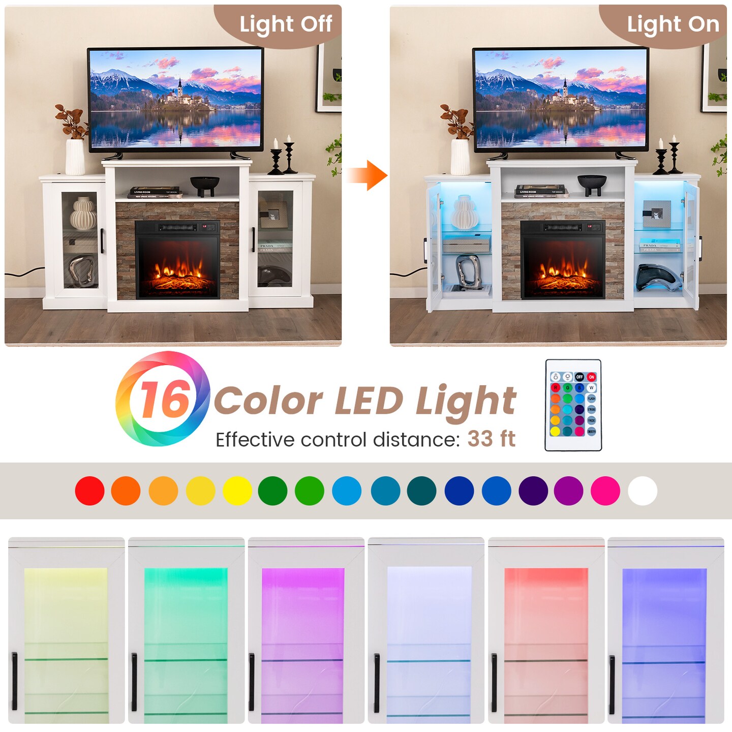 Fireplace Entertainment Center Stand with 16-Color LED Lights for TVs