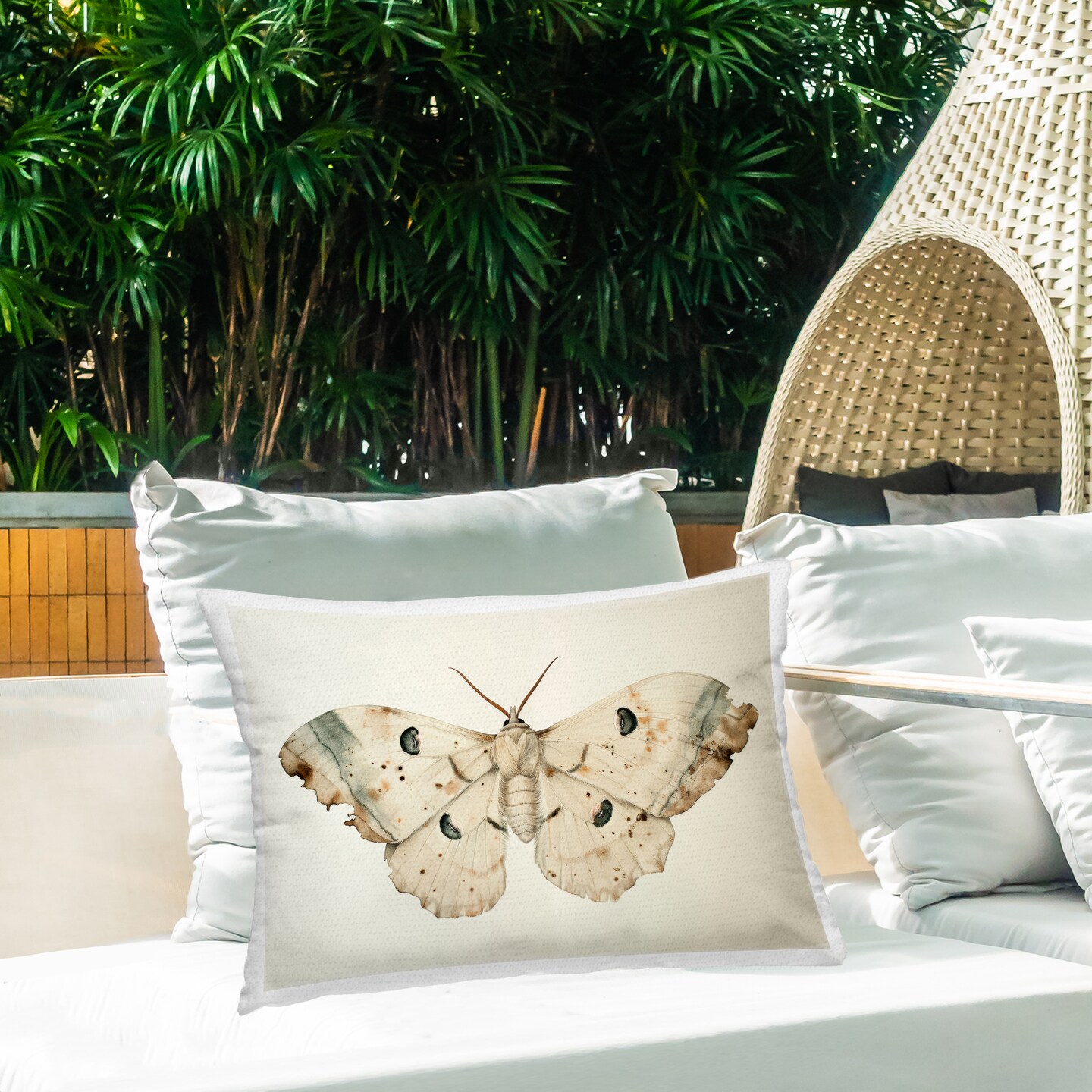Vintage Beige Moth Outdoor Printed Pillow Design by Petal Prints Design, 14 x 7 x 20