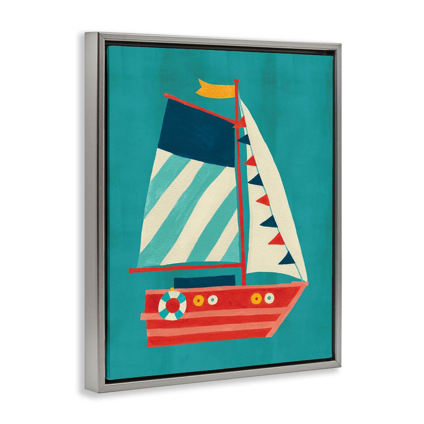 Stupell Industries Striped Sailboat on Blue Framed Floater Canvas Wall Art Design by Irene Chan
