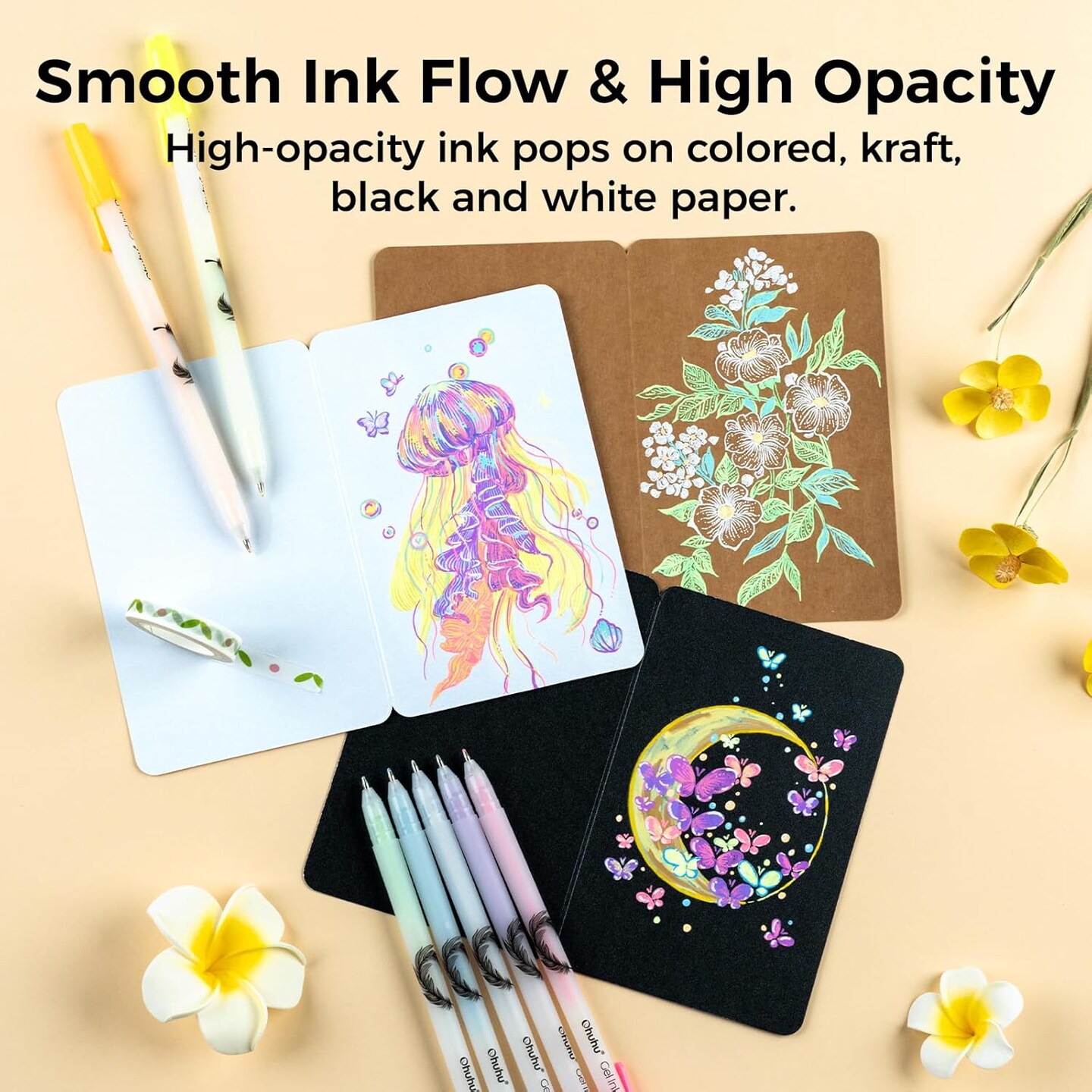Ohuhu Gel Ink Pens: 12 Pack Extra Fine Point Pens Opaque Gel Ink Pens Smooth White Ink Pens for Highlight Black Paper Art Drawing Scrapbook Bullet Journal - Leahi (Colored Ink Pen)