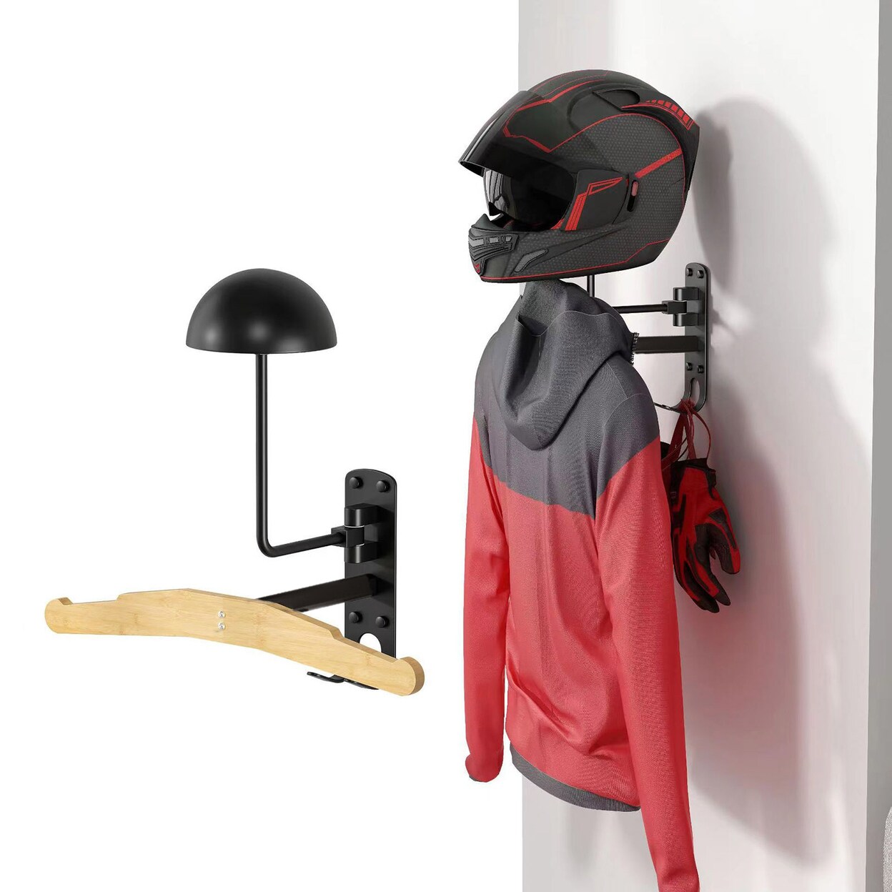 Wall-Mounted Motorcycle Helmet Storage Holder With Coat Rack 180-Degree Rotation Strong Load-Bearing Easy Installation