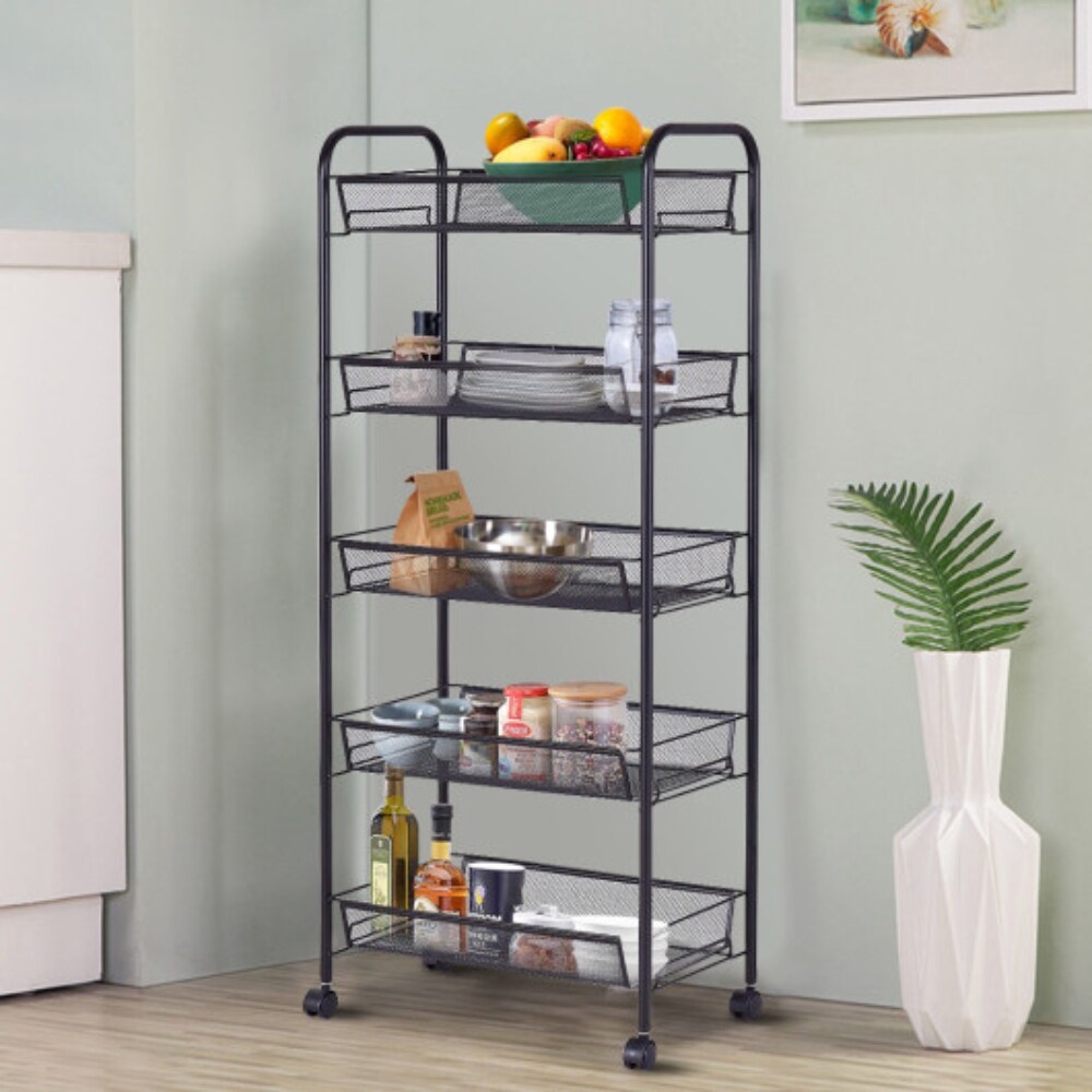 Black Steel 5-Tier Rolling Storage Trolley with Mesh Baskets and Wheels