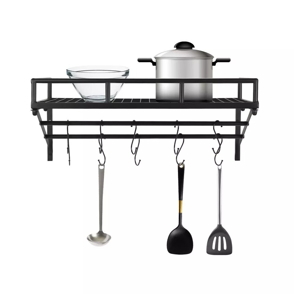 Kitchen Wall Mounted Storage Shelf for Cookware Pan Pot Organizer Rack 10 Hooks