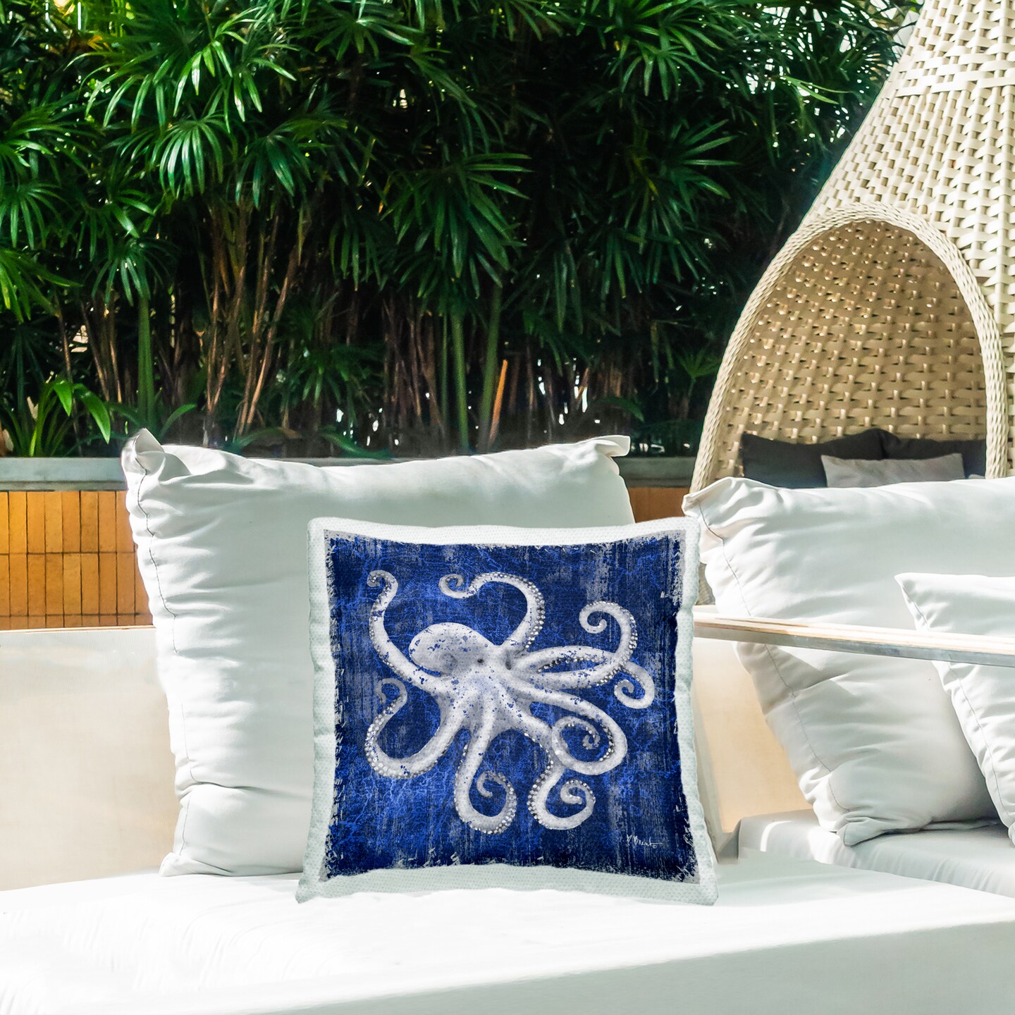 Rustic Indigo Octopus Outdoor Printed Pillow Design by Paul Brent, 18 x 7 x 18