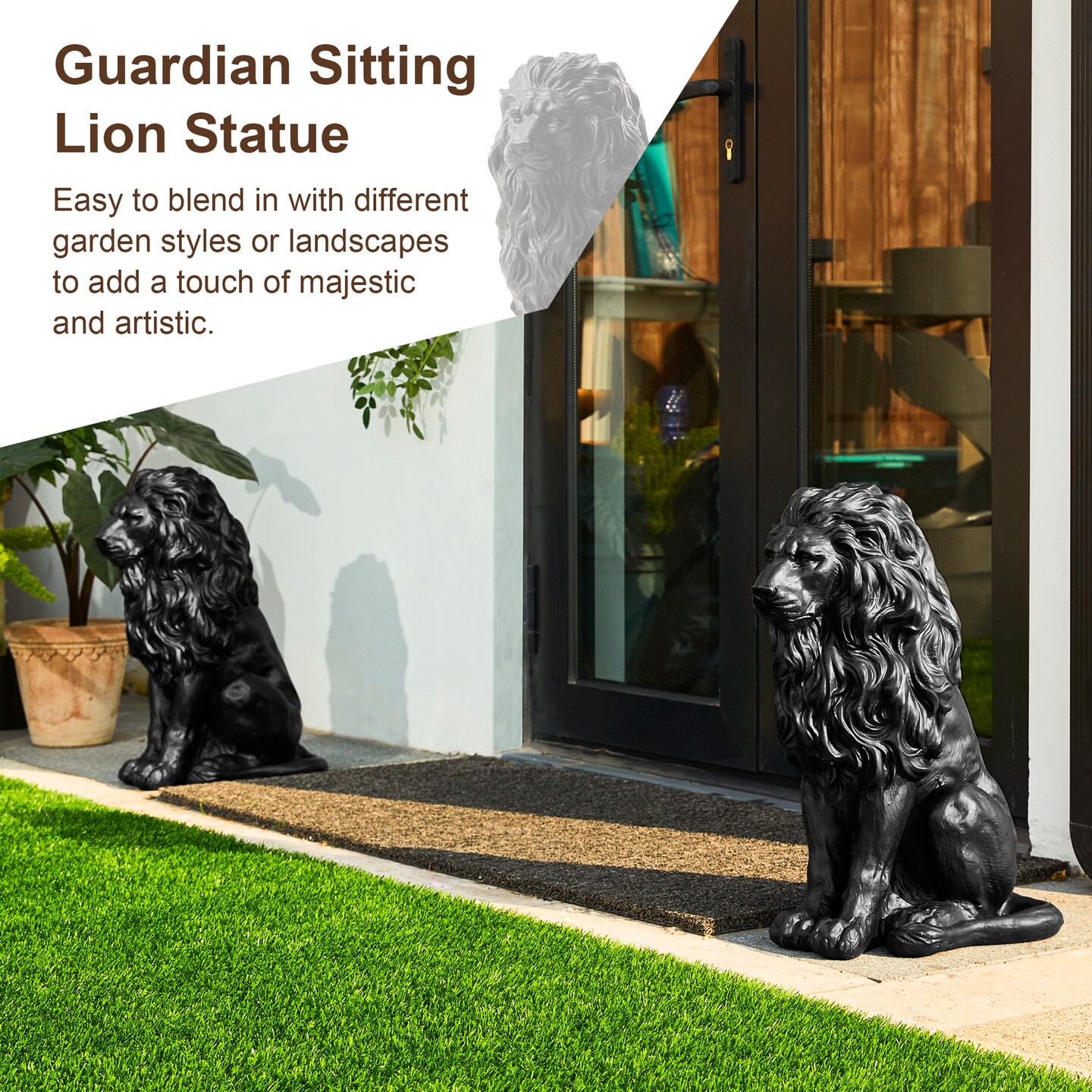 Set of 2 20.75"H Bronze/Black MGO Guardian Sitting Lion Statue
